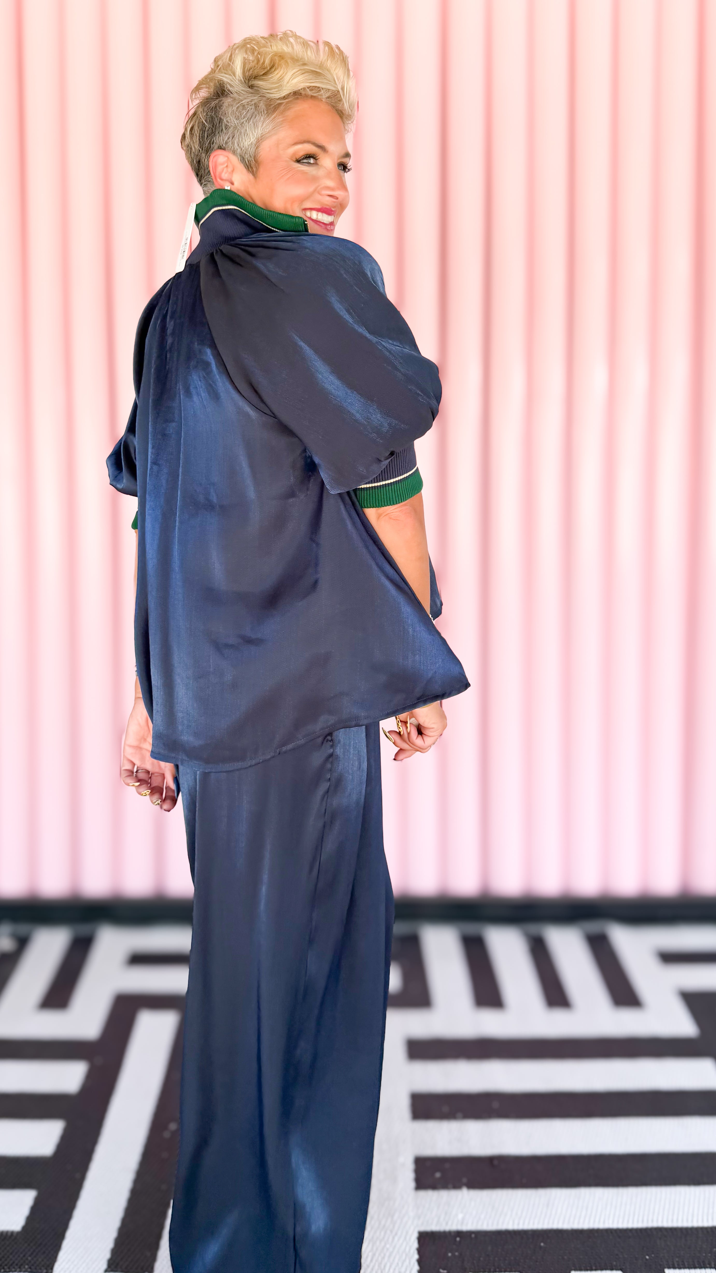 Silvia Shimmer Zip Blouse/Navy