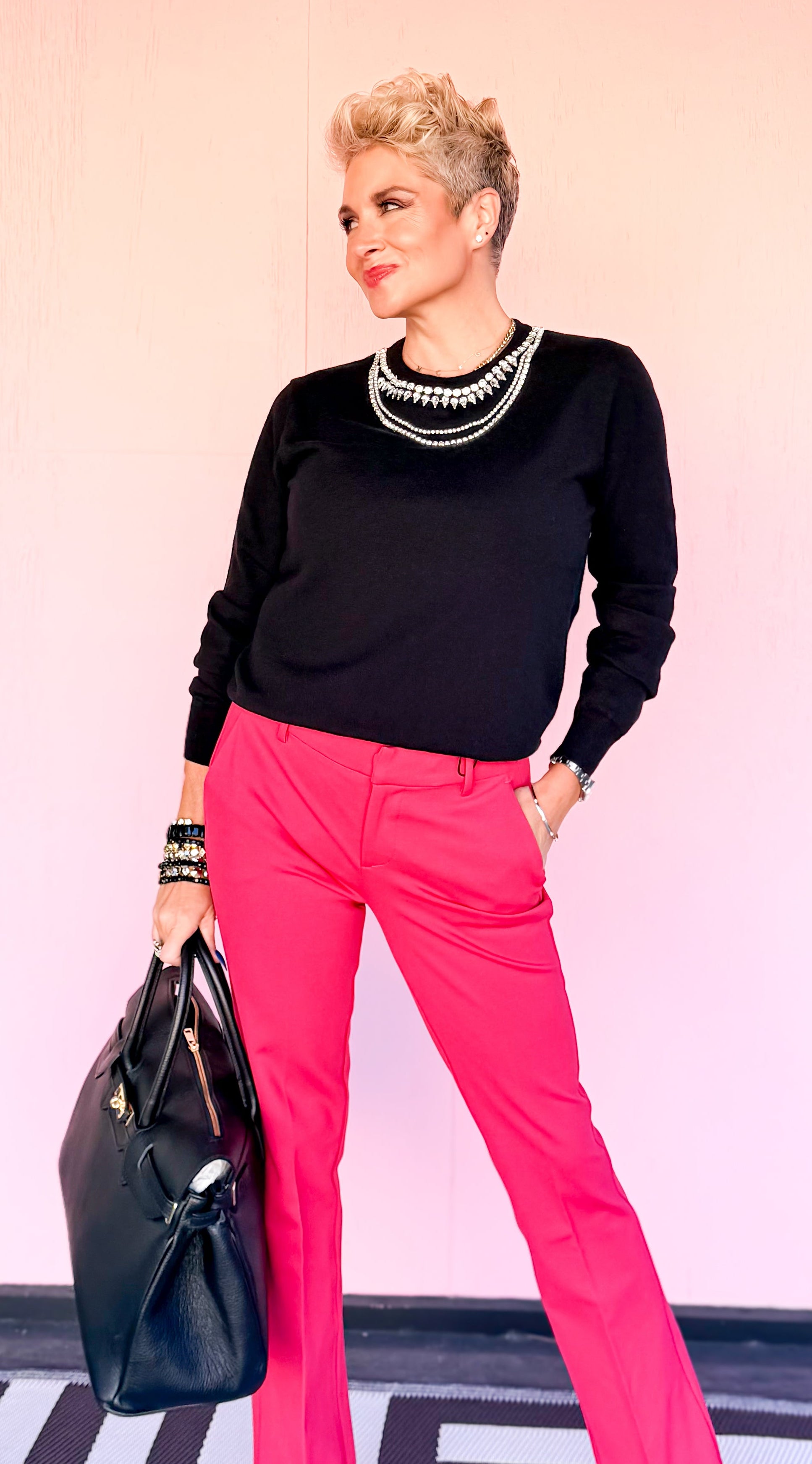 Jeweled Neckline Sweater/Black