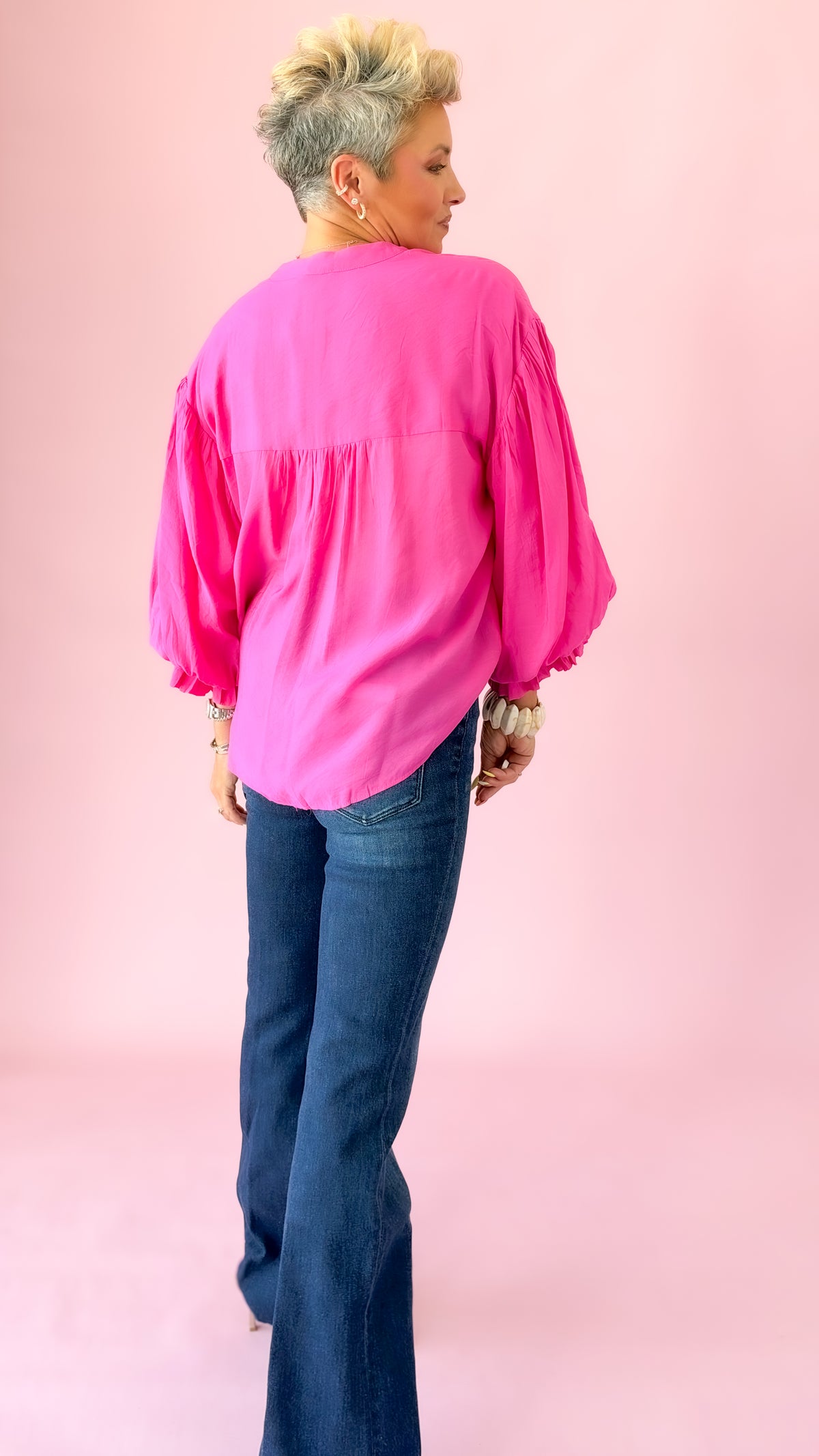 Fuchsia Puff Sleeve Button Down