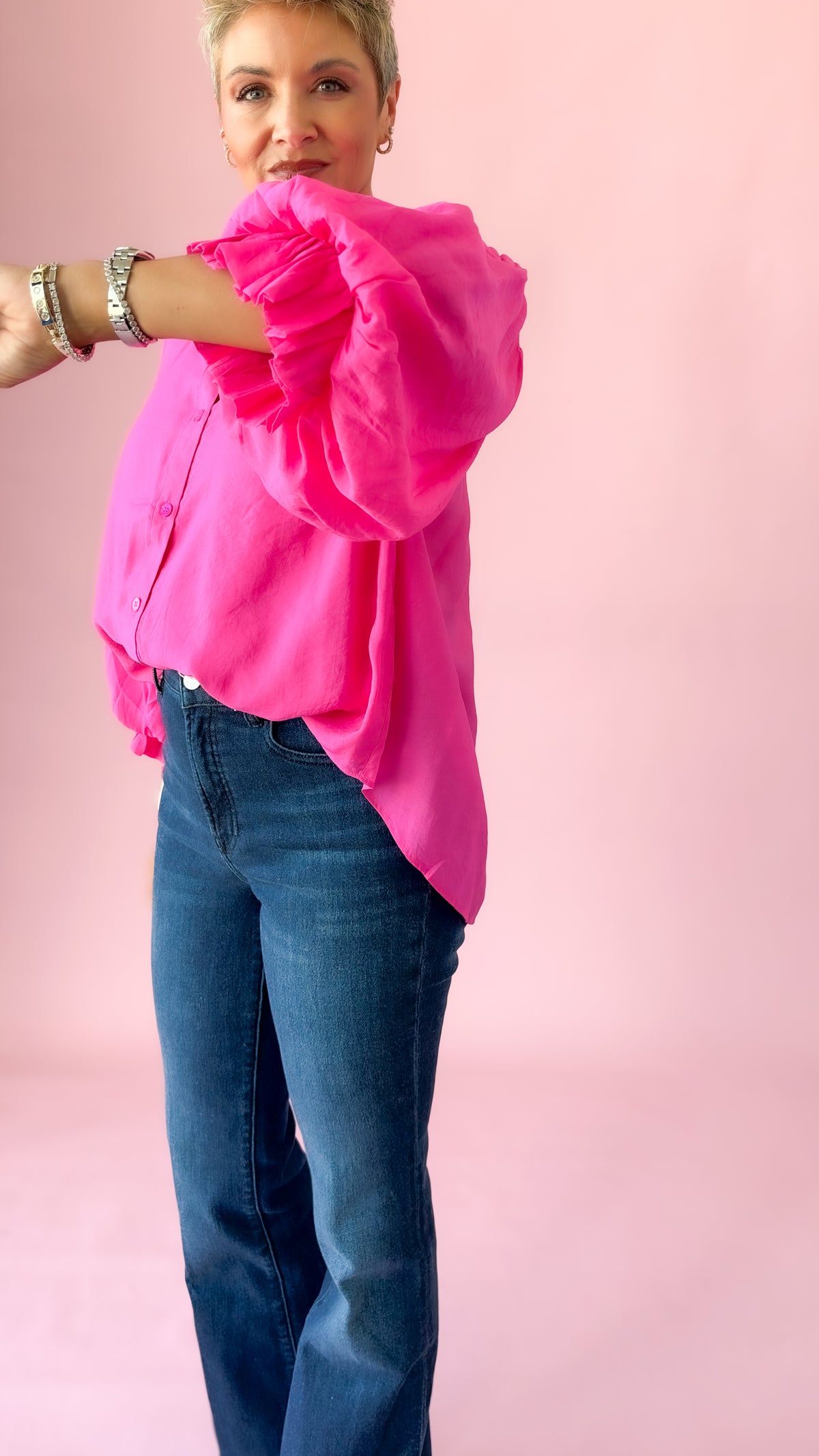 Fuchsia Puff Sleeve Button Down