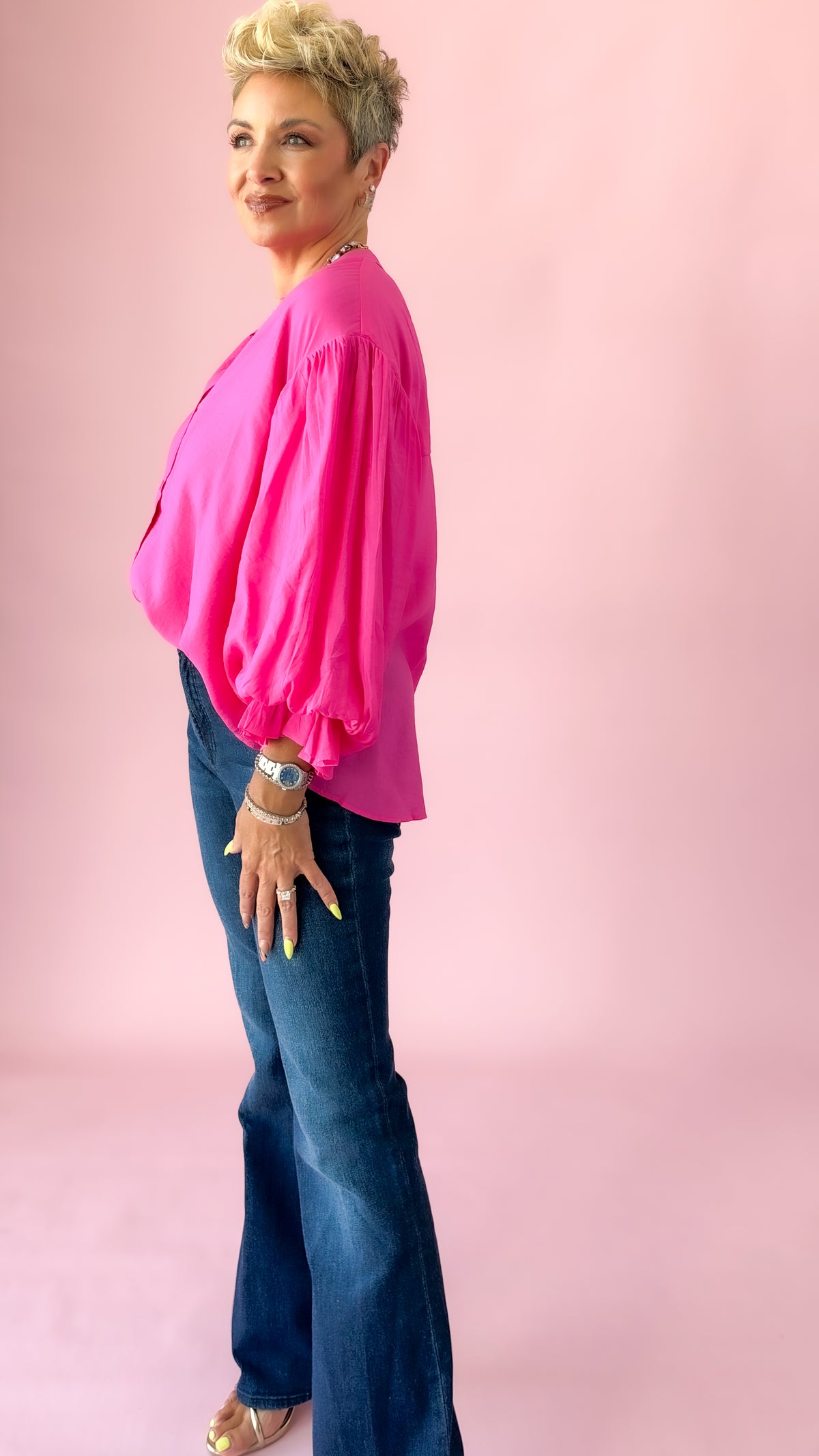 Fuchsia Puff Sleeve Button Down