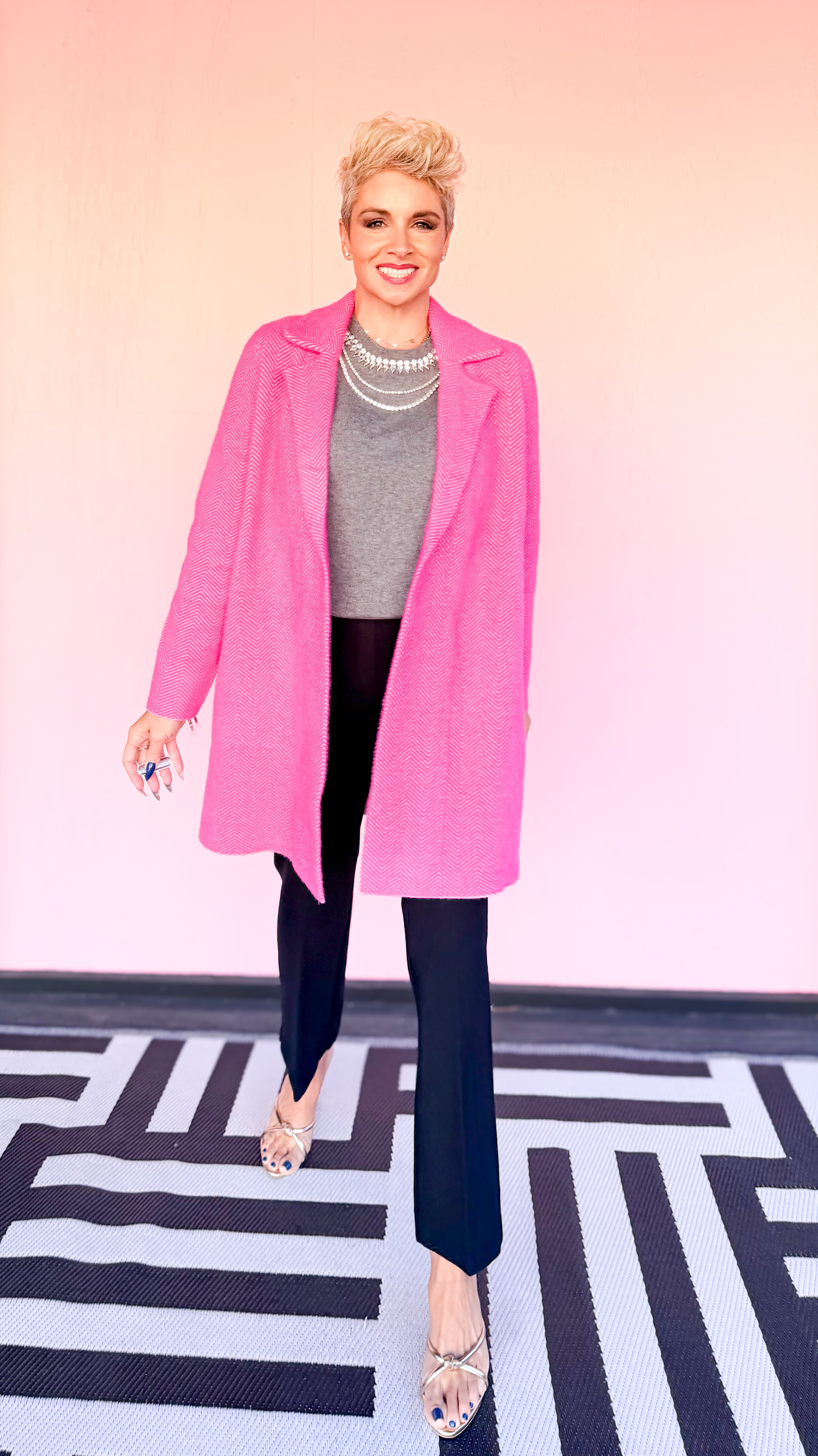 Open Front Herringbone Jacket/Hot Pink