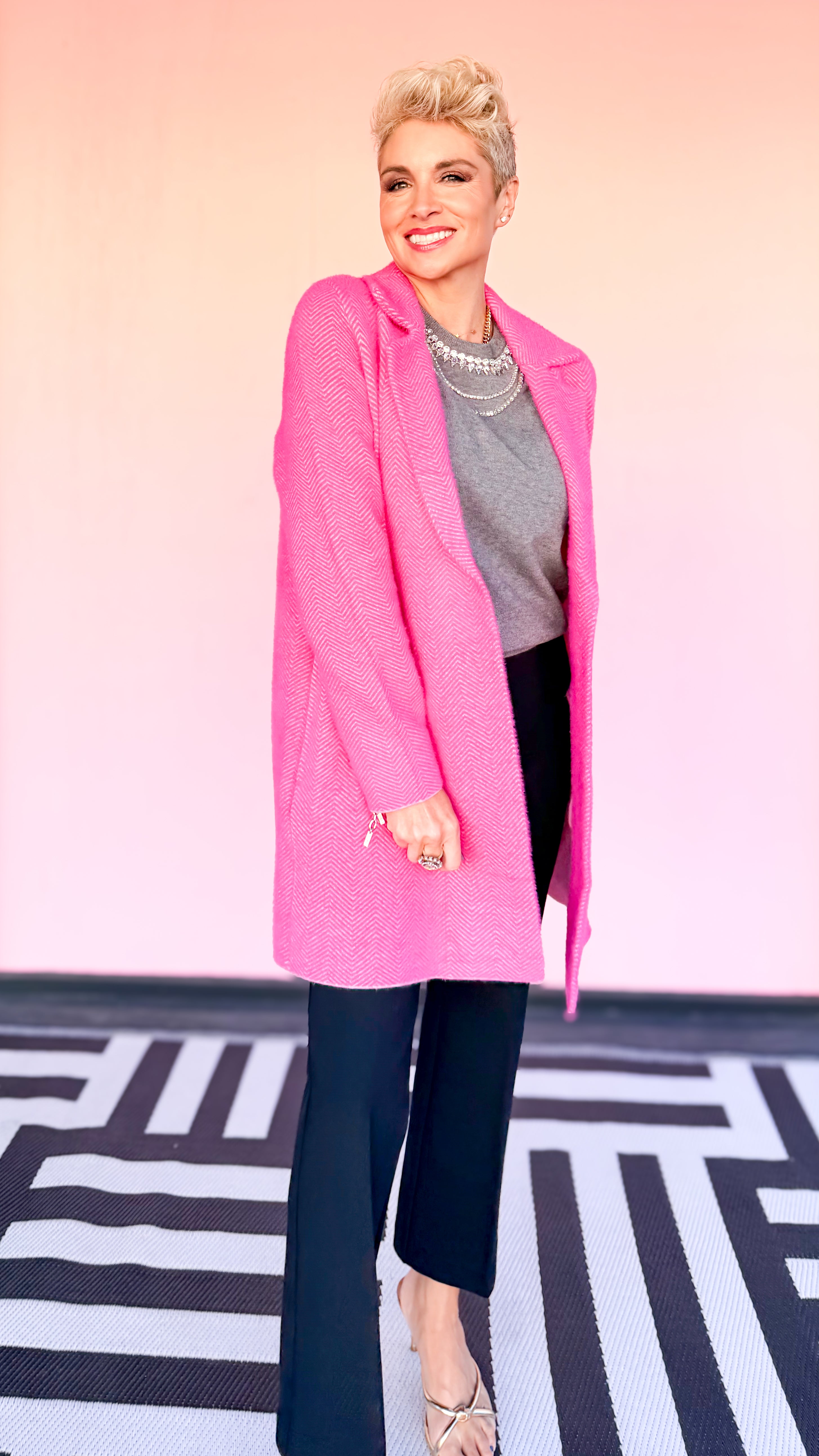 Open Front Herringbone Jacket/Hot Pink