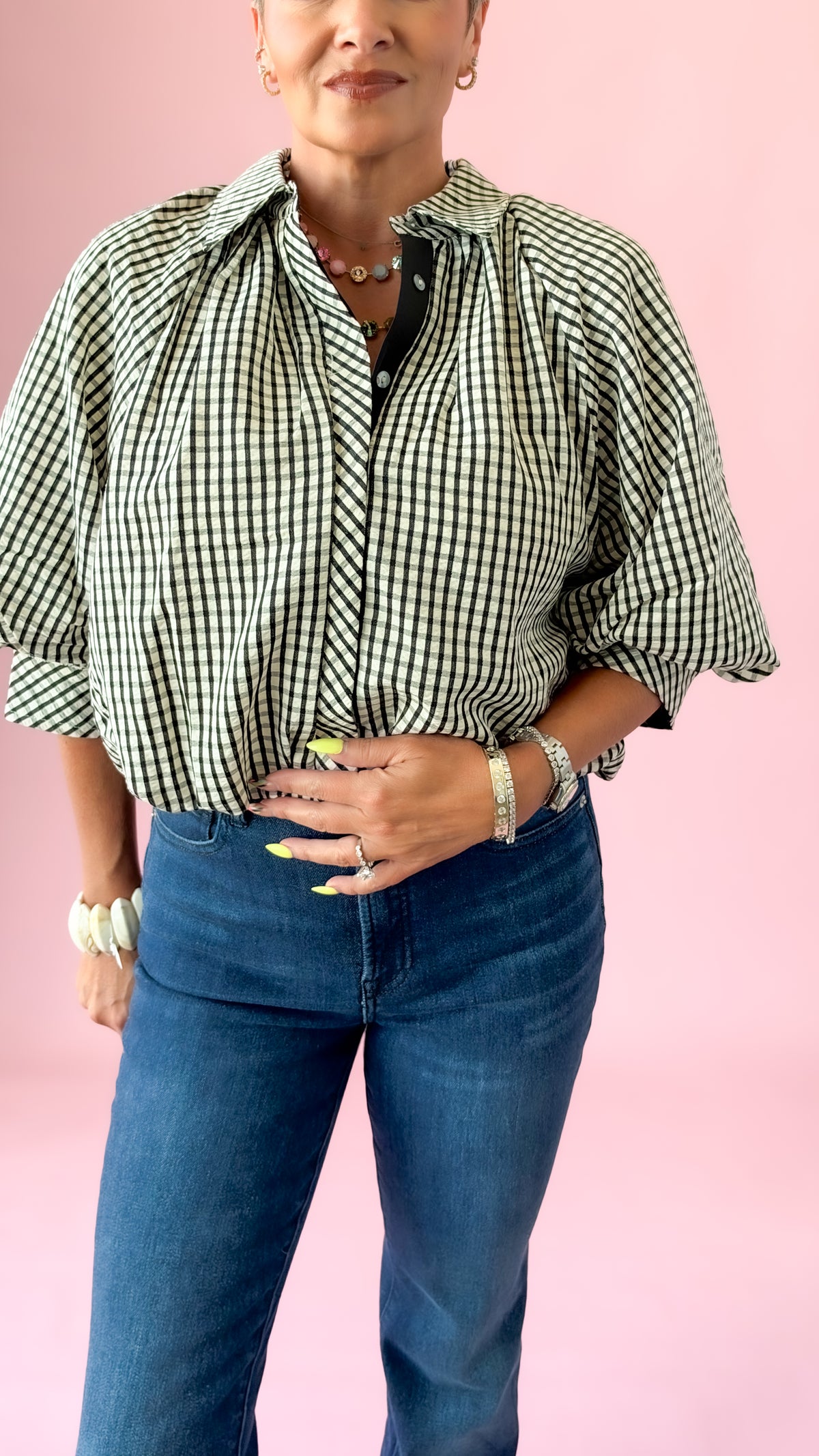 Plaid 3/4 Bubble Sleeve Top/Black