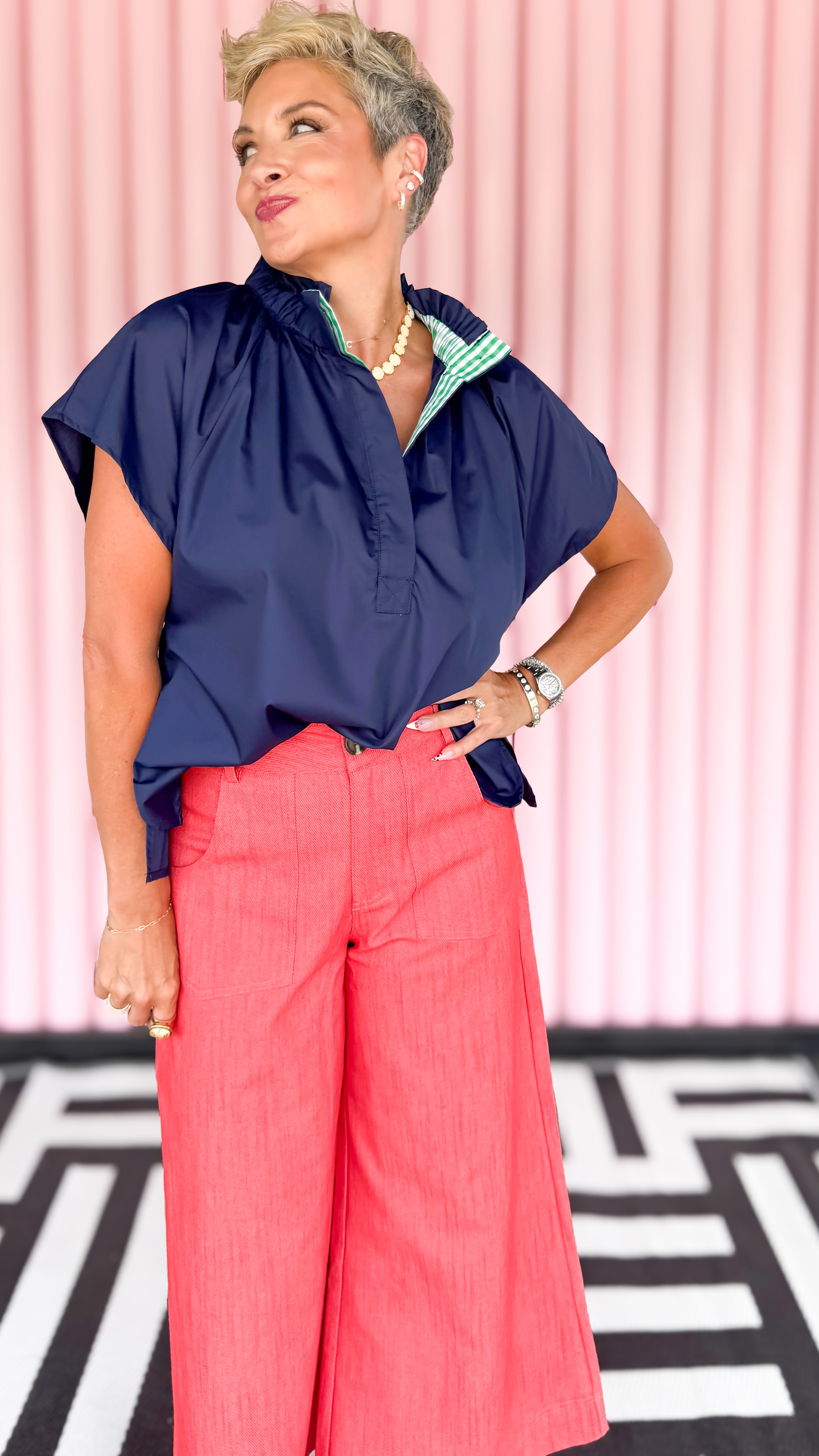 Ruffle Collar Cap Sleeve Top/Navy