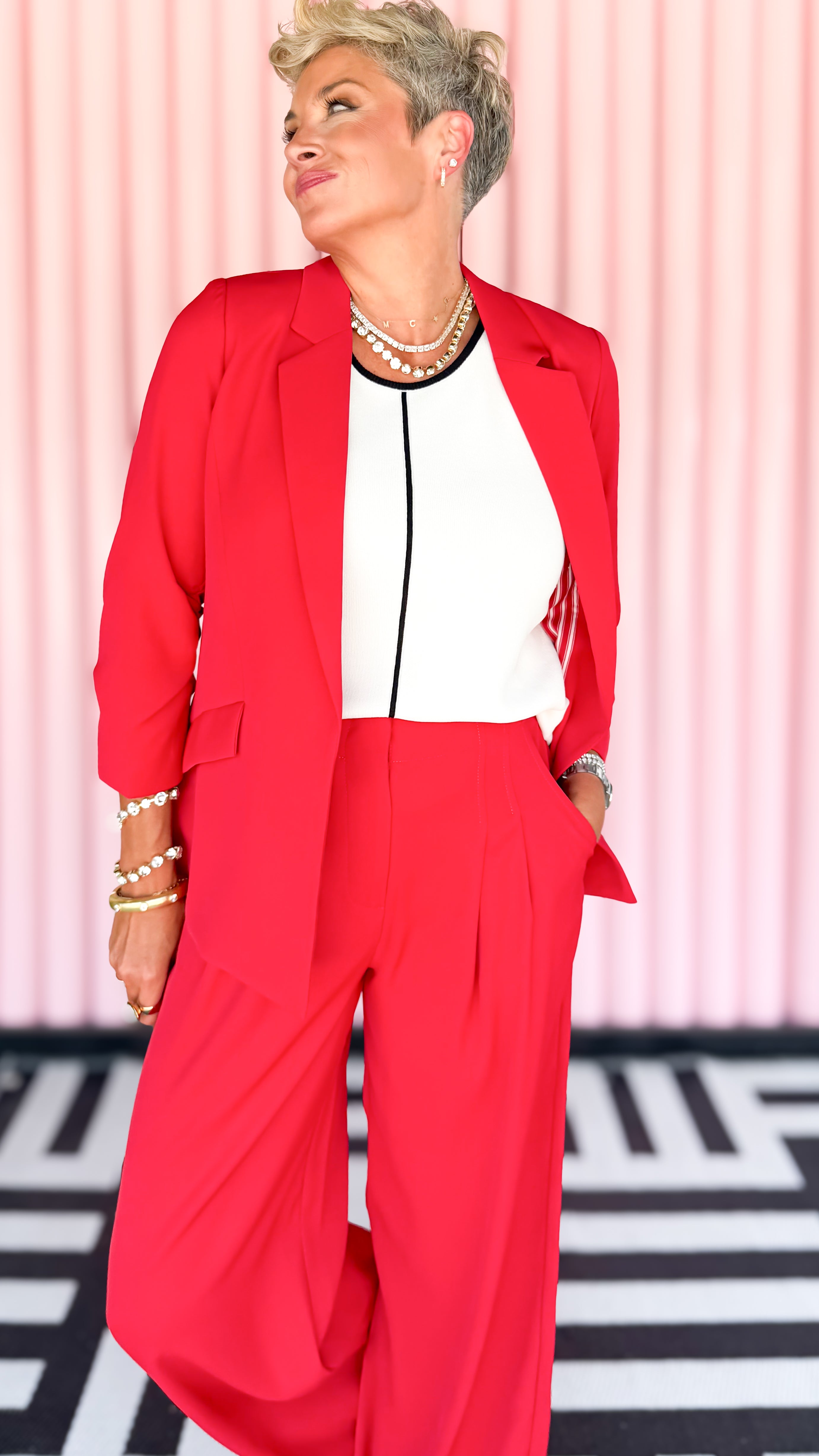 Shirred Sleeve Blazer/Red