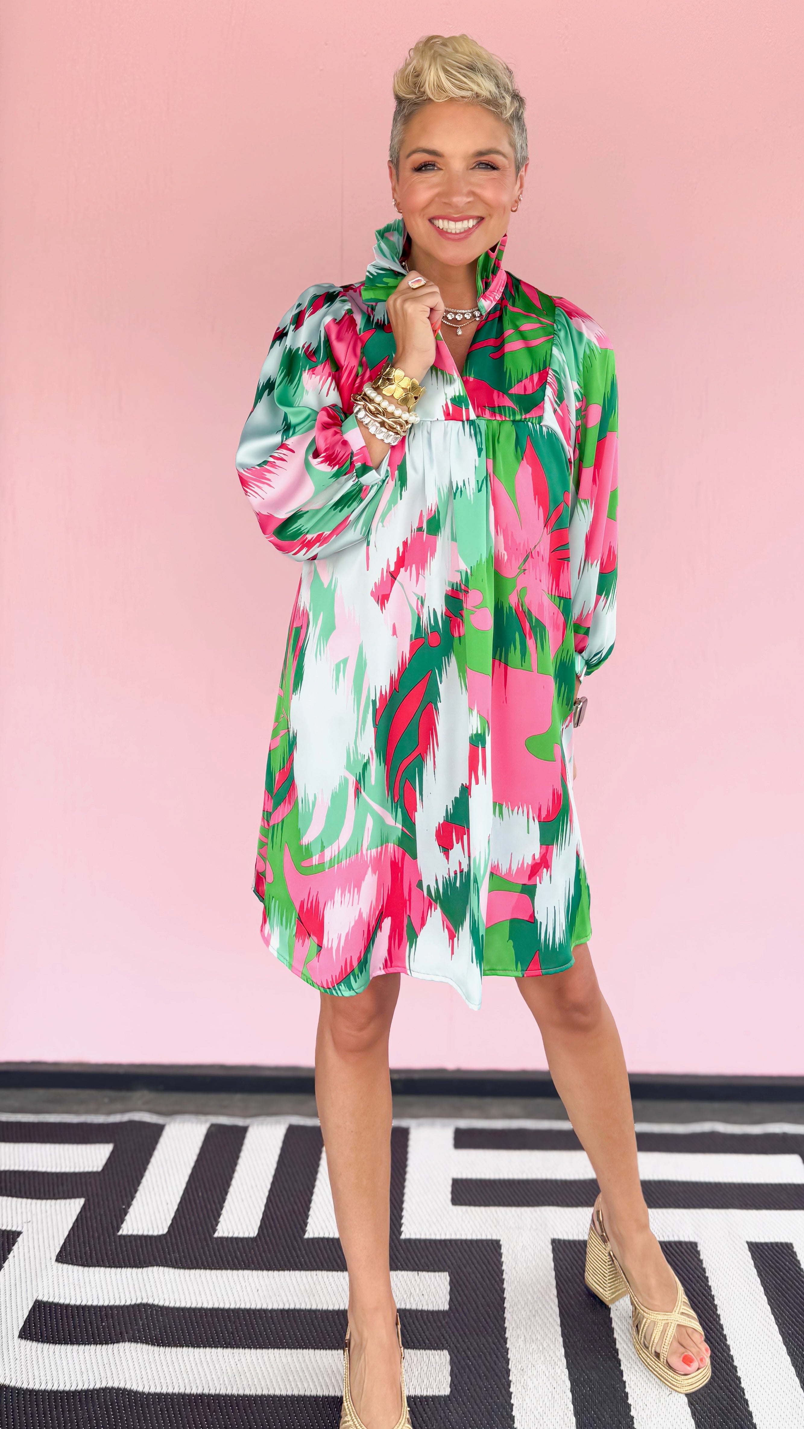Savannah High Collar Dress/Pink&Green