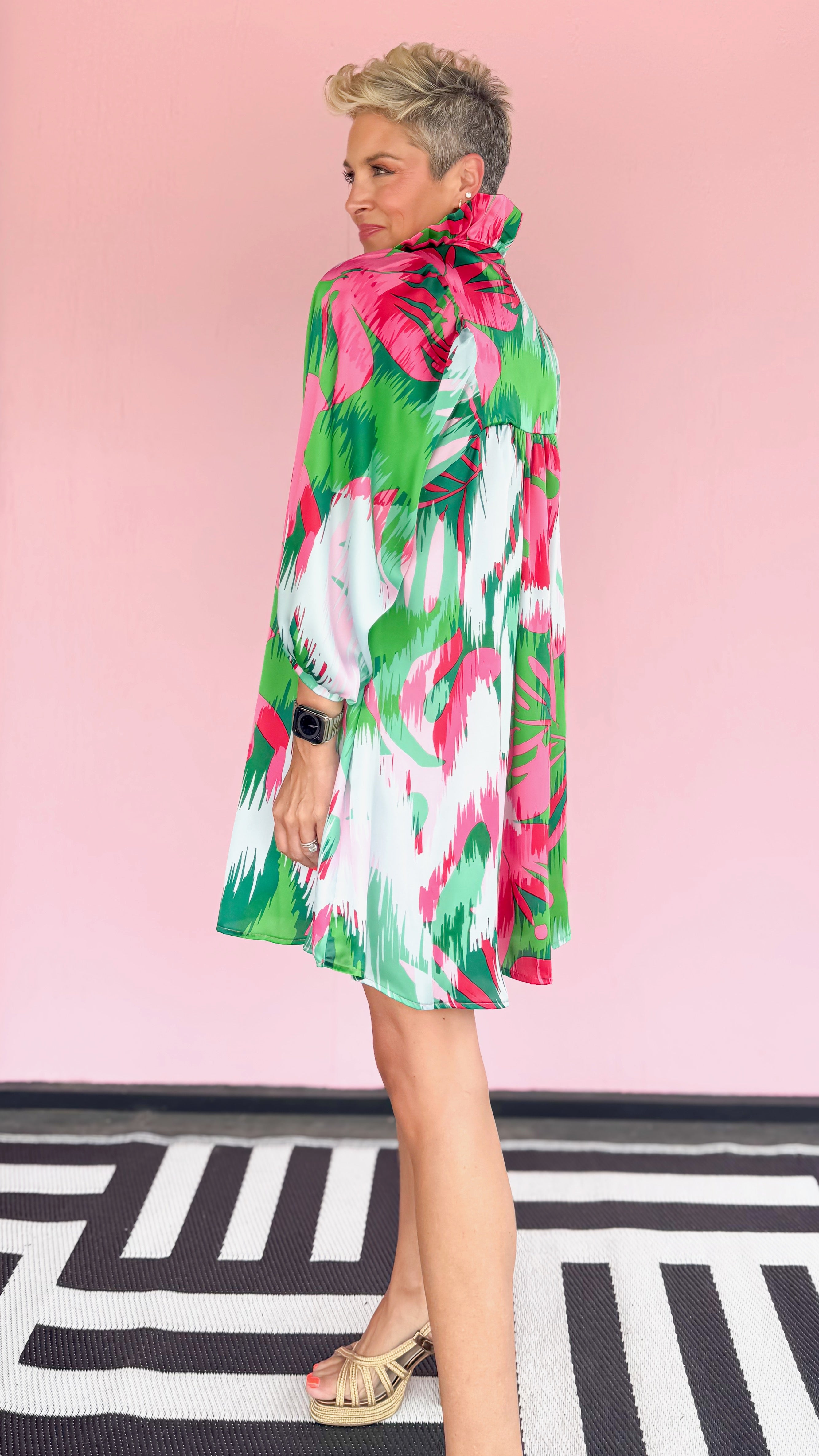 Savannah High Collar Dress/Pink&Green