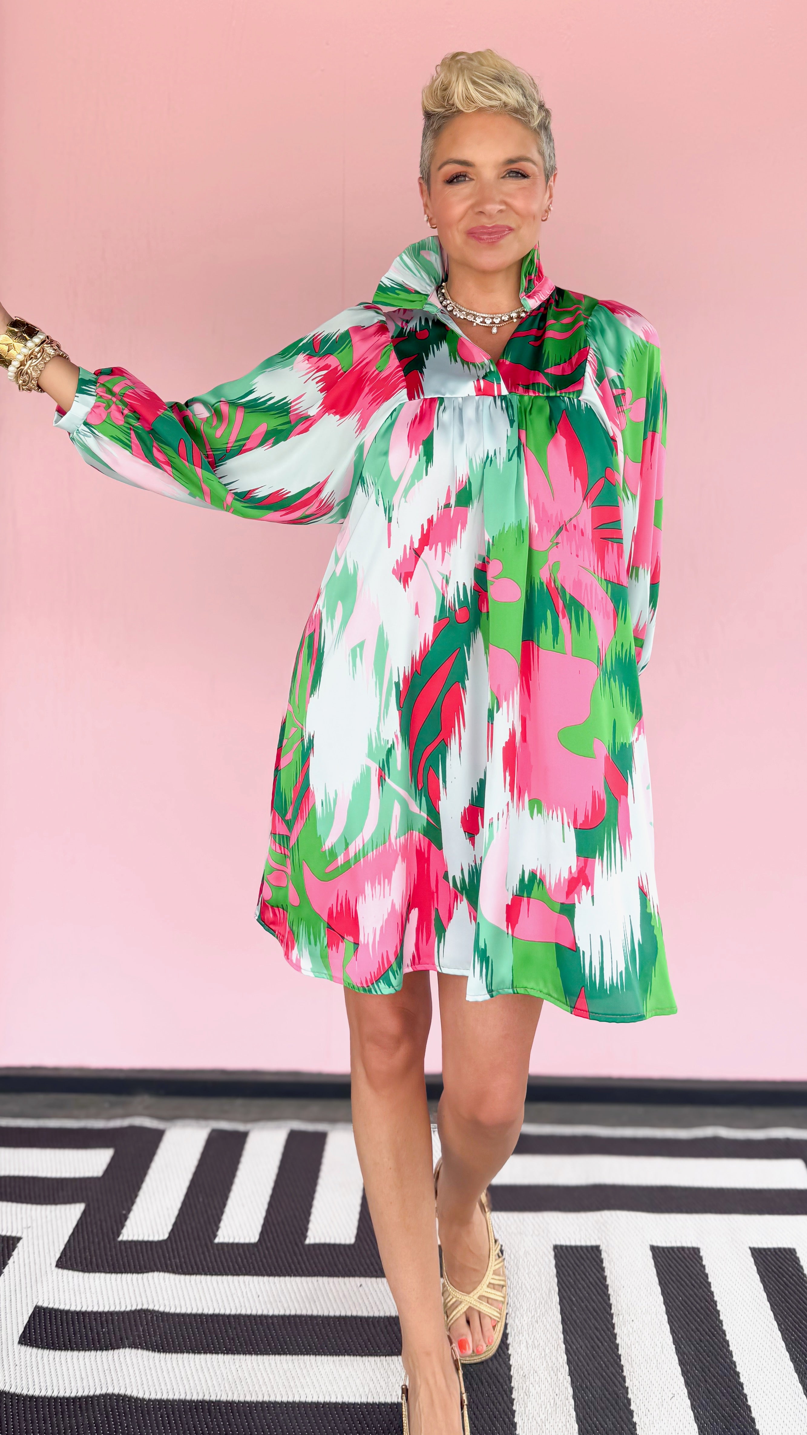 Savannah High Collar Dress/Pink&Green