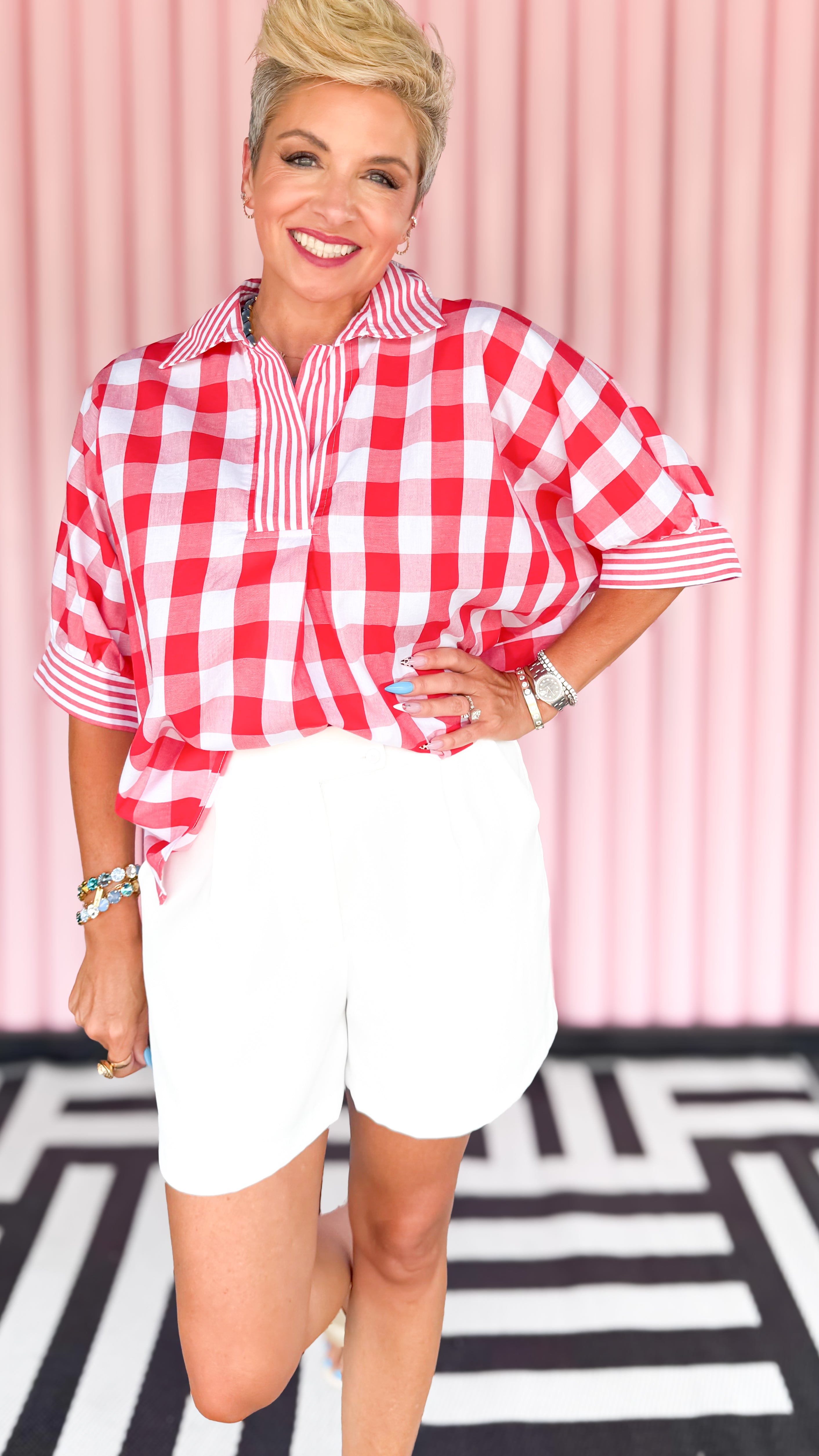 Gingham Short Sleeve Shirt/RED