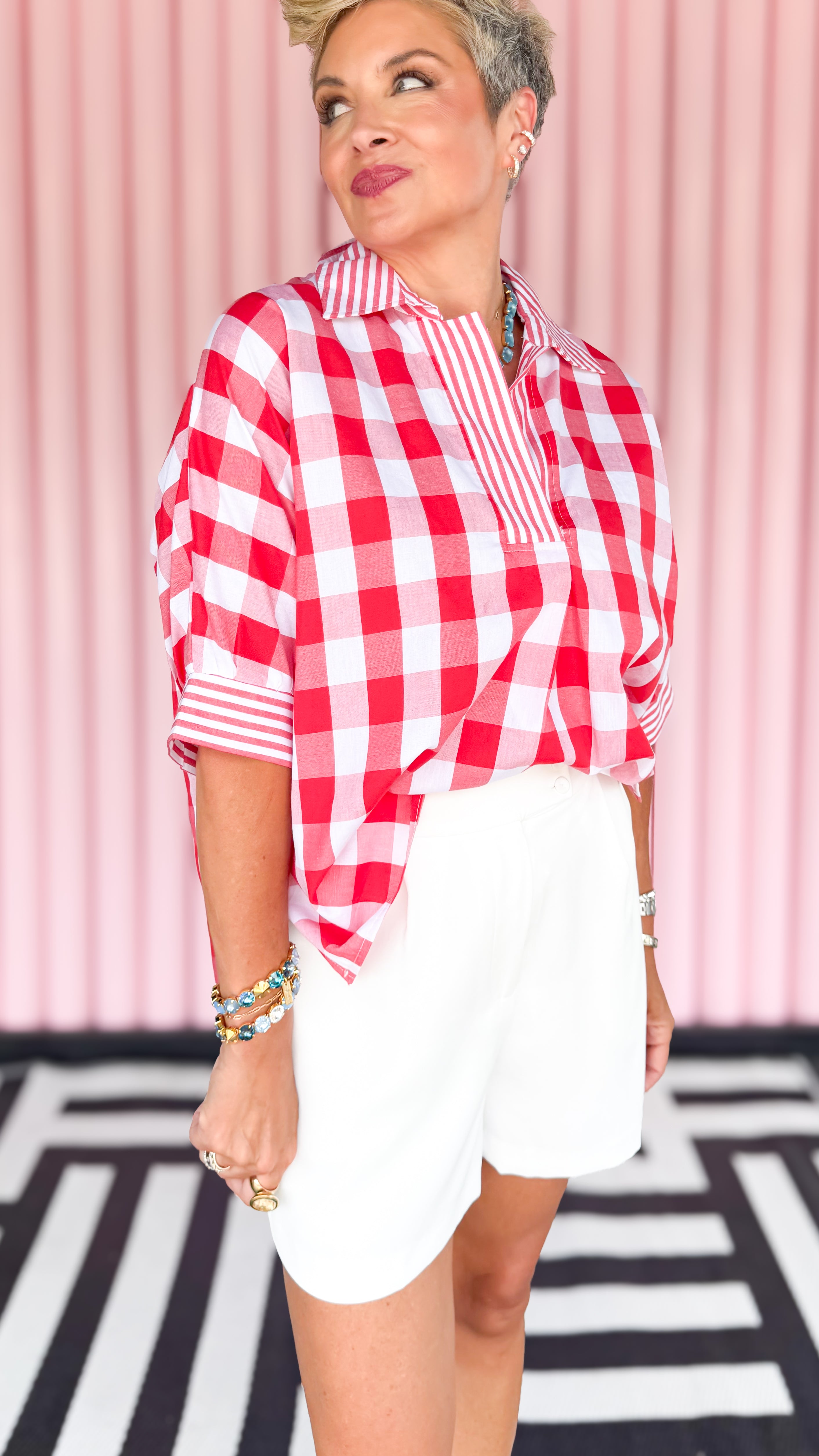 Gingham Short Sleeve Shirt/RED