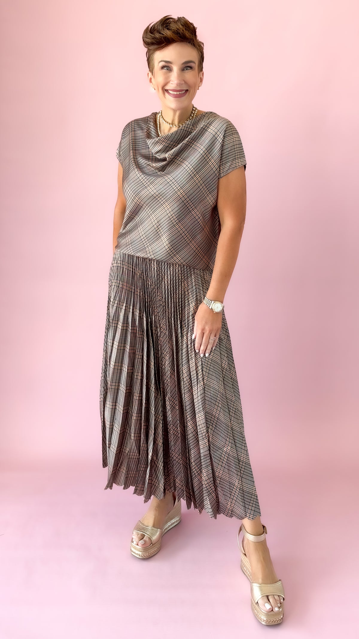 Glen Plaid Pleated Midi Skirt