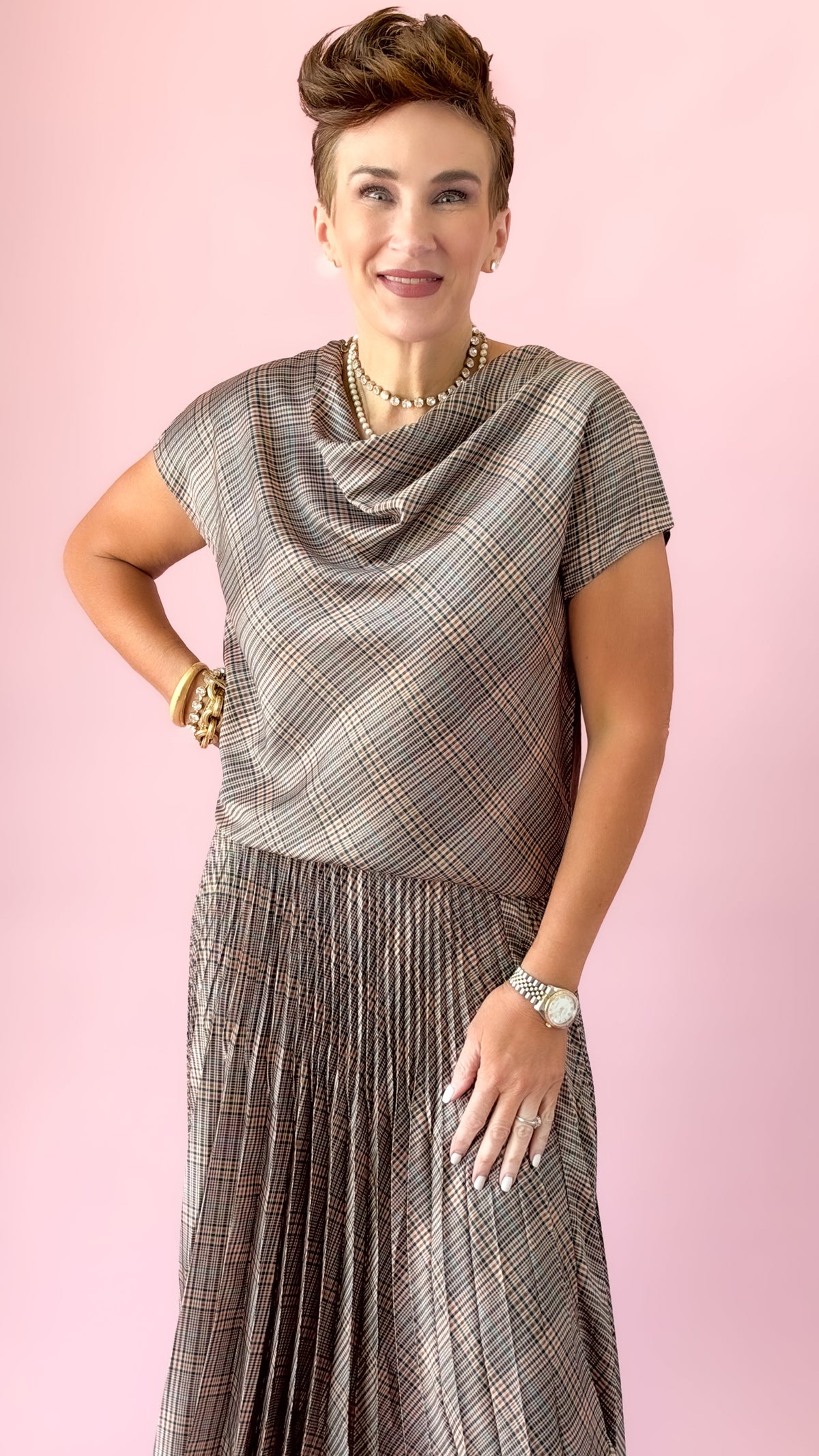 Cowl Neck Mixed Media Top/Plaid