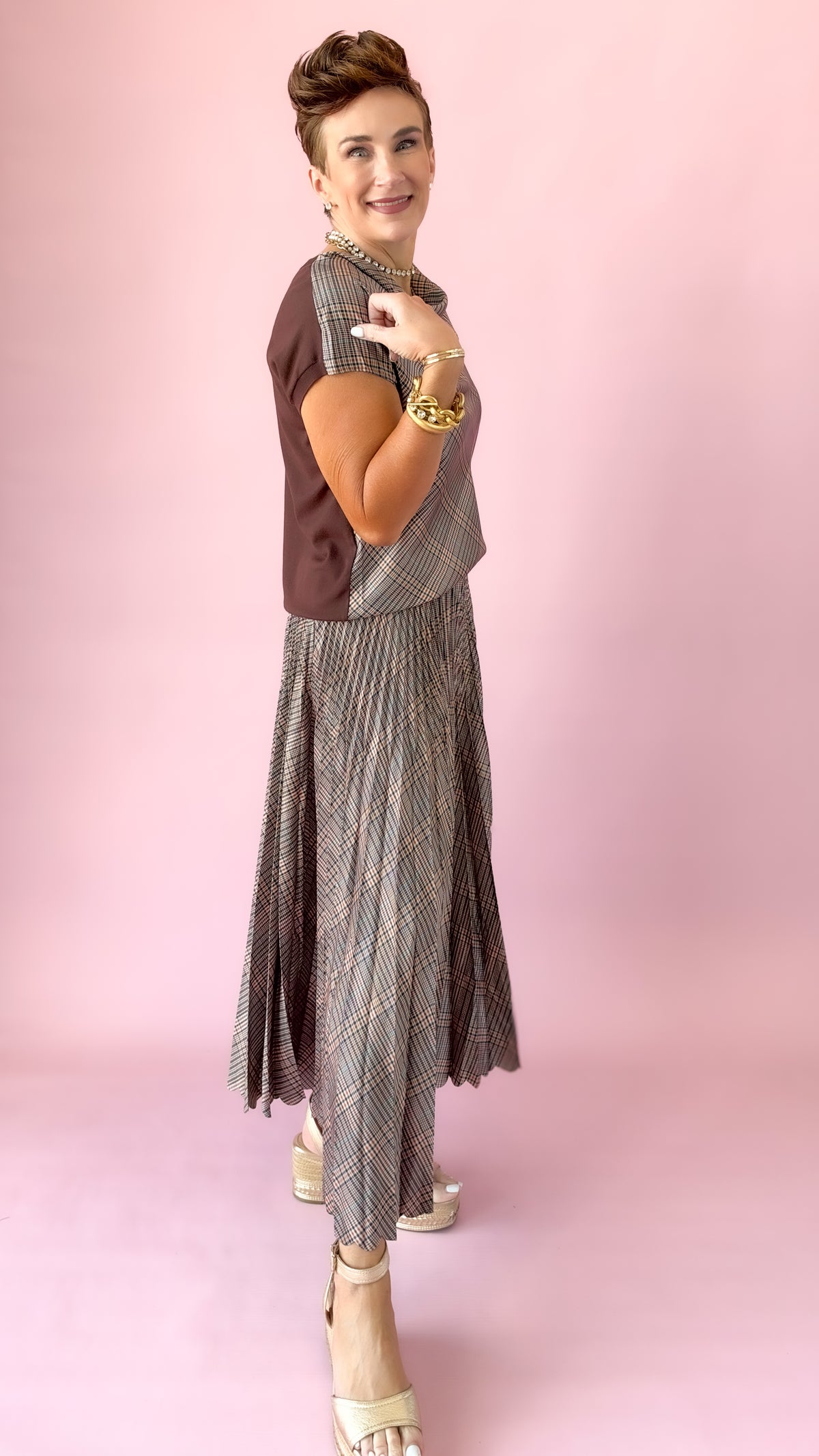 Cowl Neck Mixed Media Top/Plaid