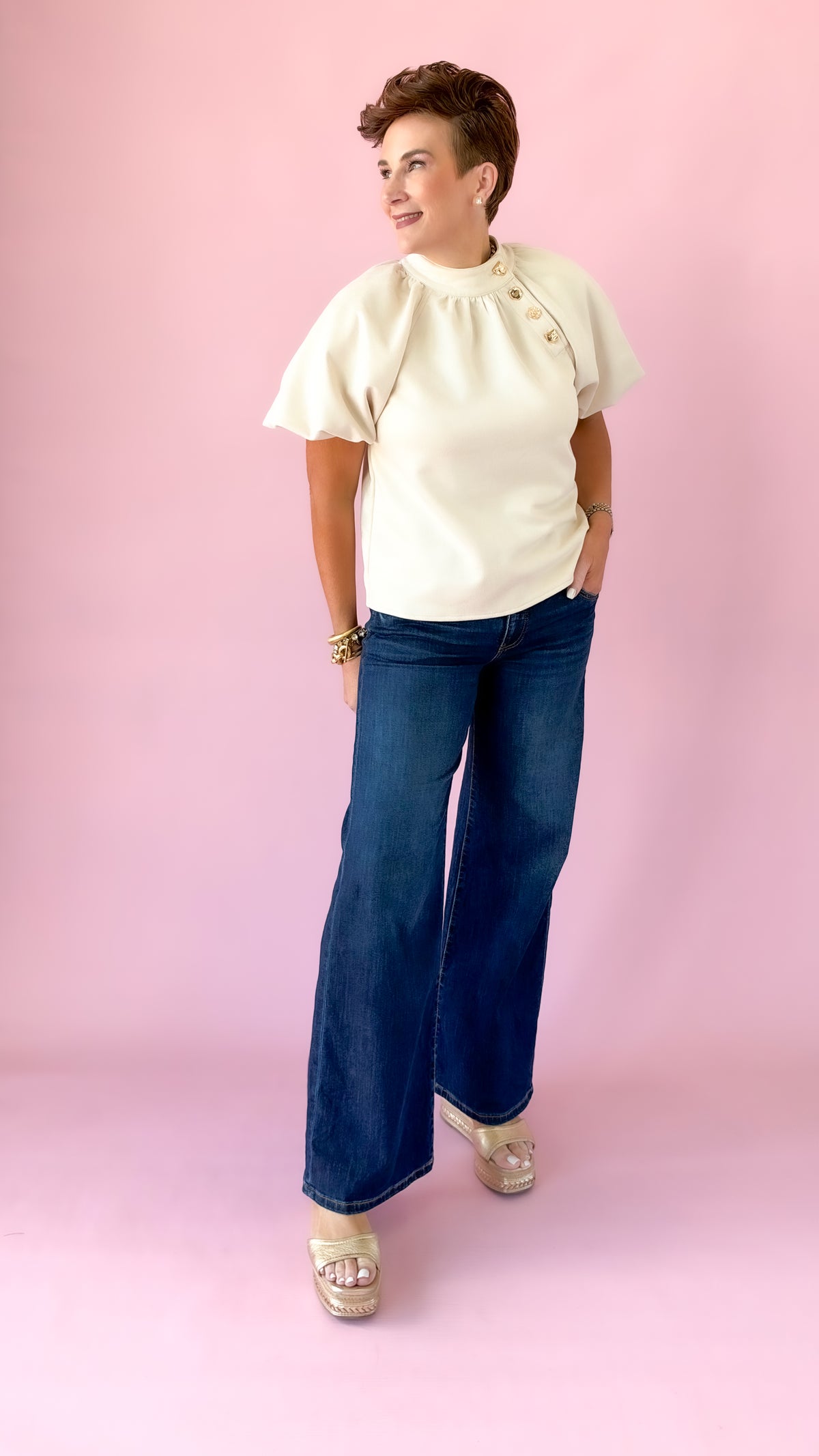 Puff Sleeve Gold Detail Top/Cream