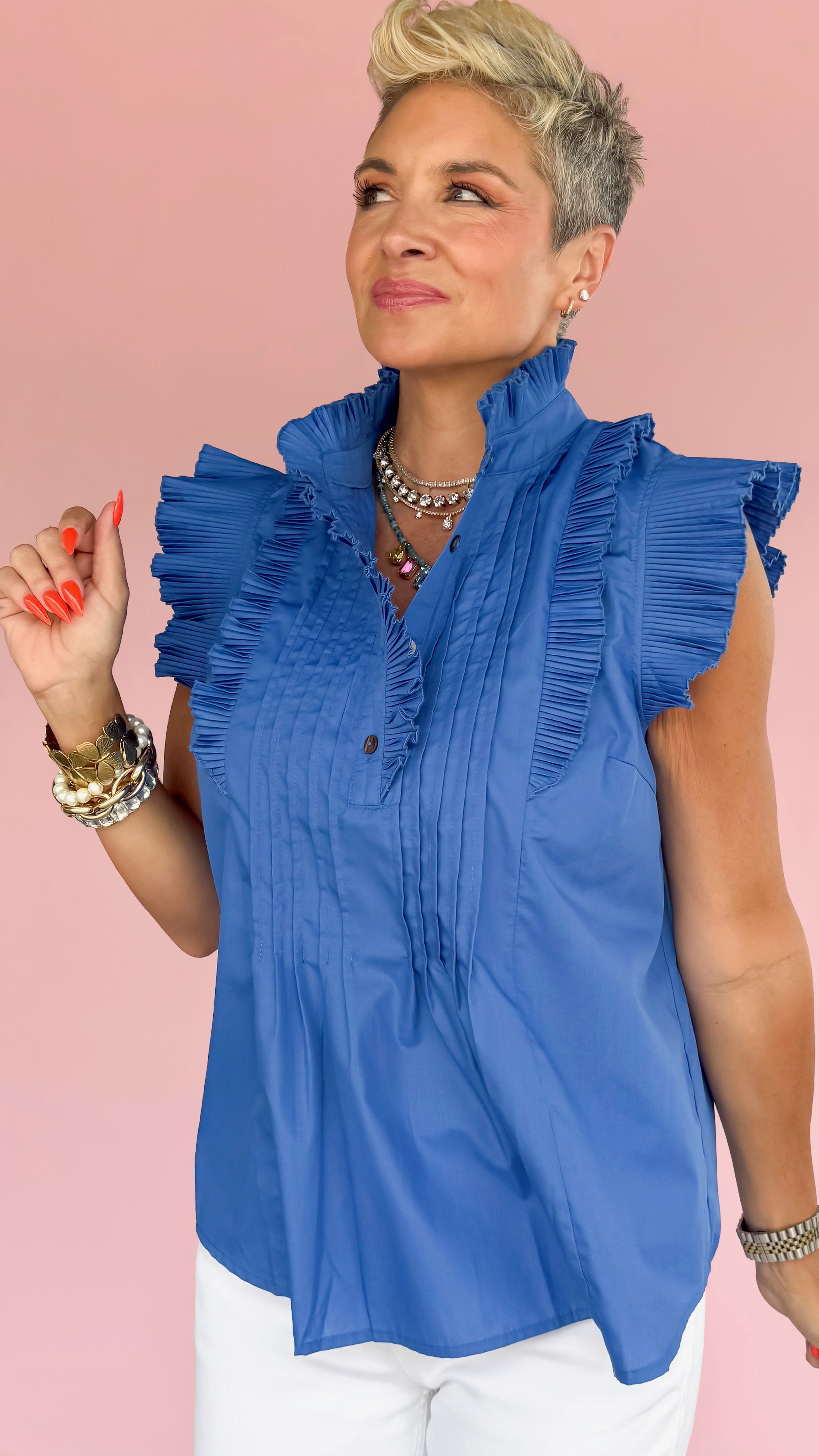 Alison Pleated Shoulder Top/Blue