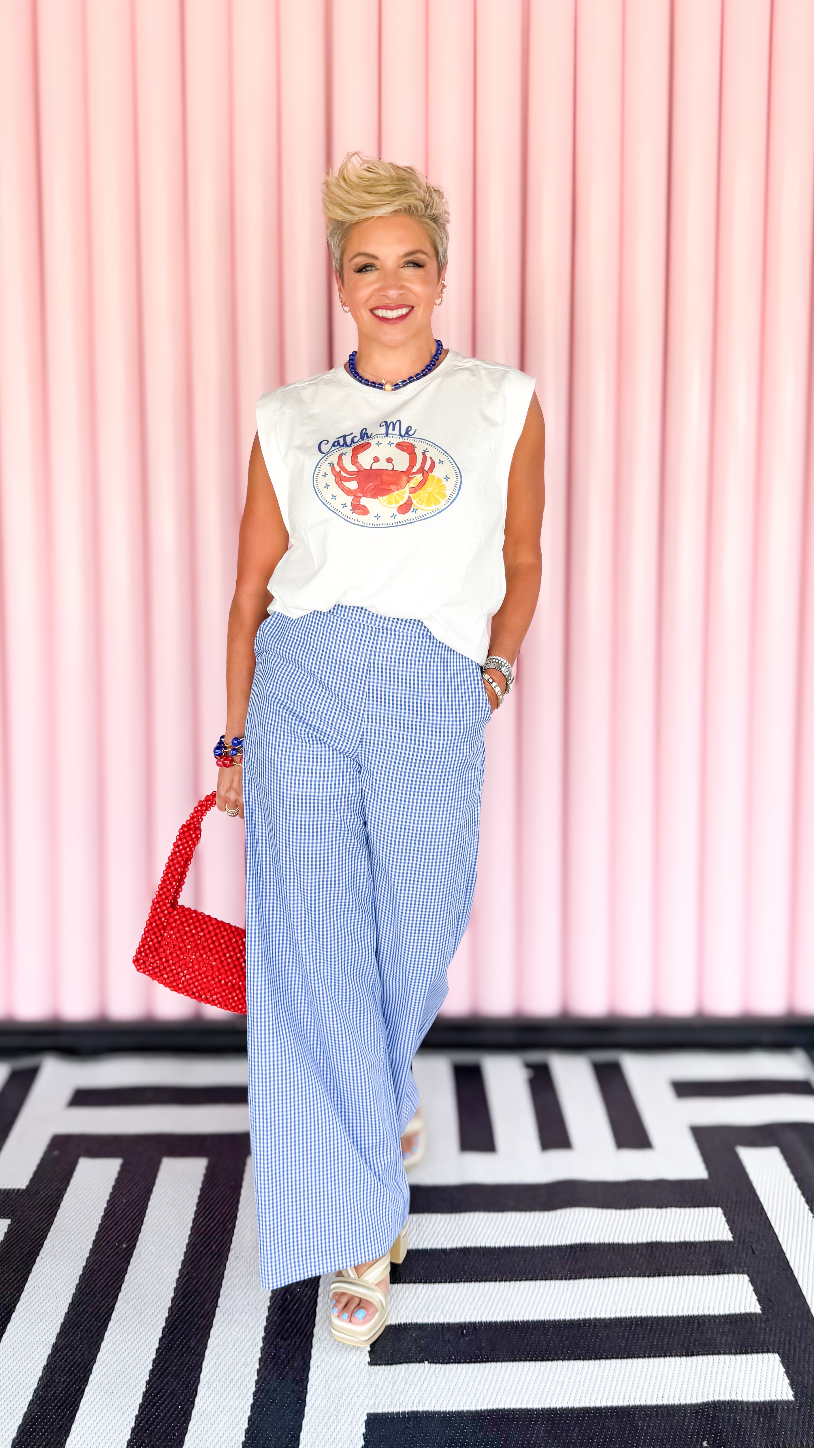 Gingham Wide Leg Pants/Blue