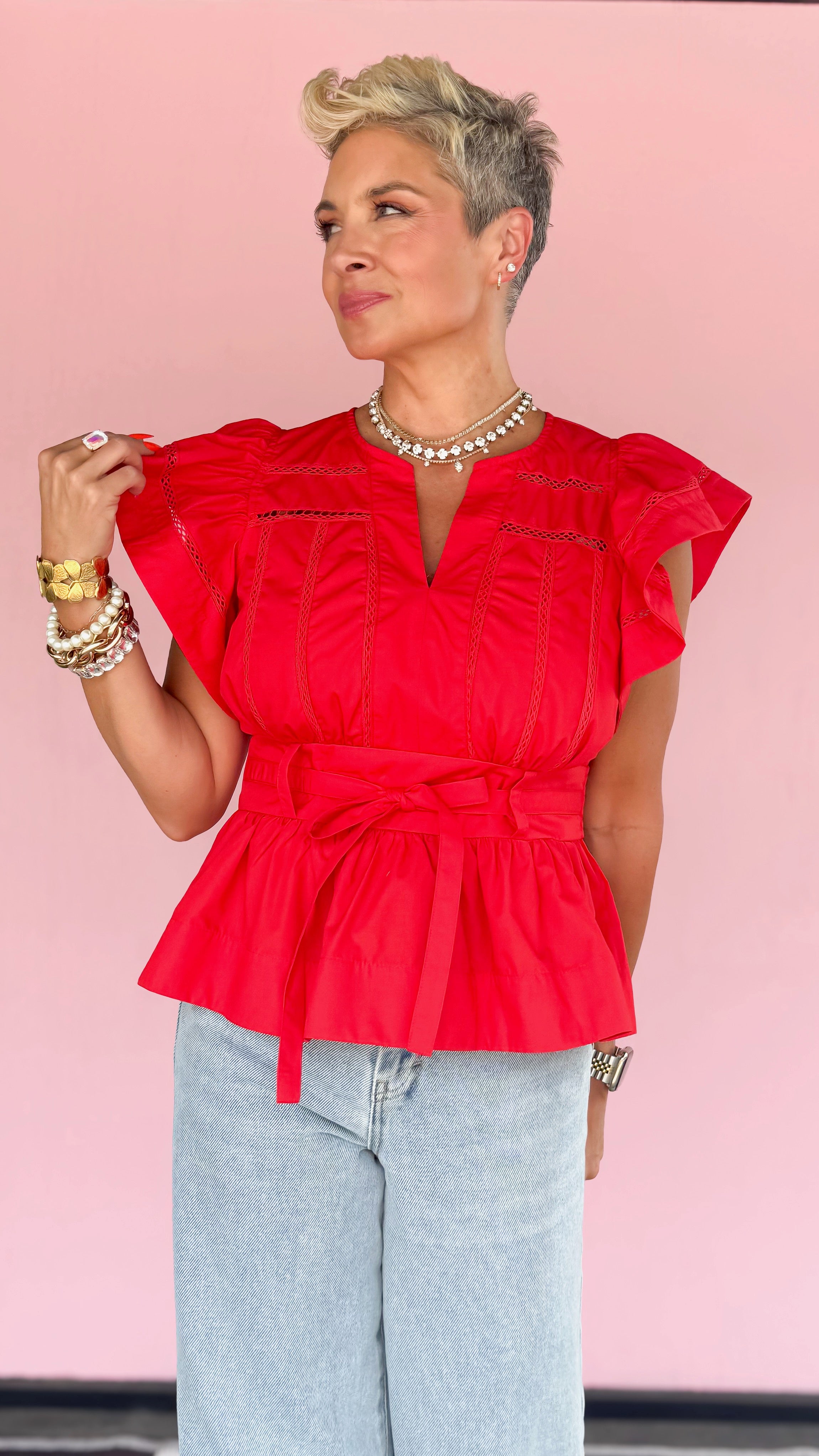 Red Flutter Sleeve Top