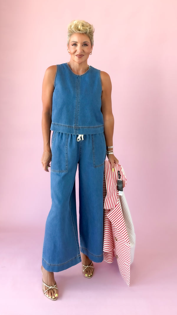 Denim Terry Tank & Bottom Set/Medium Blue