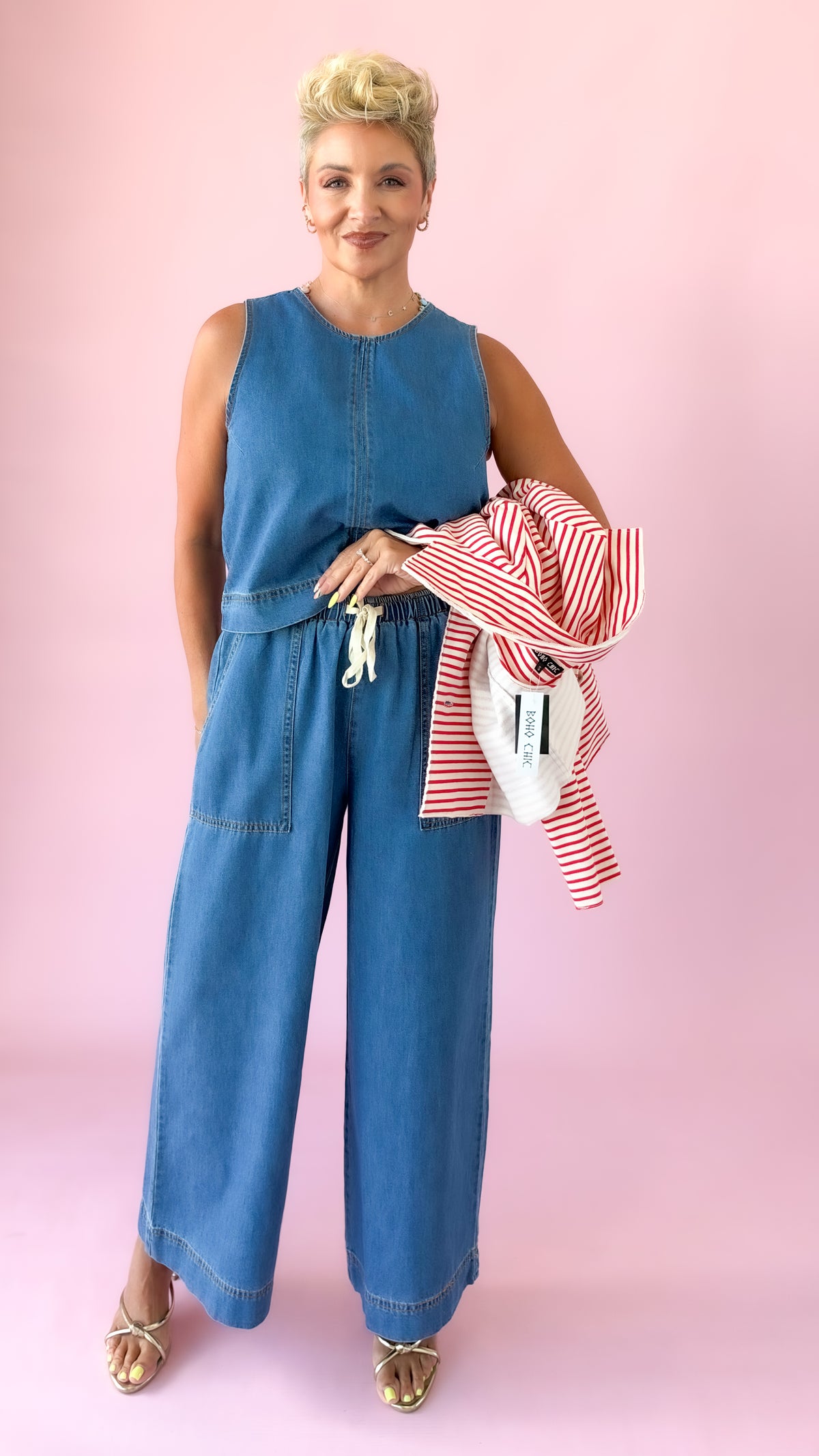 Denim Terry Tank & Bottom Set/Medium Blue