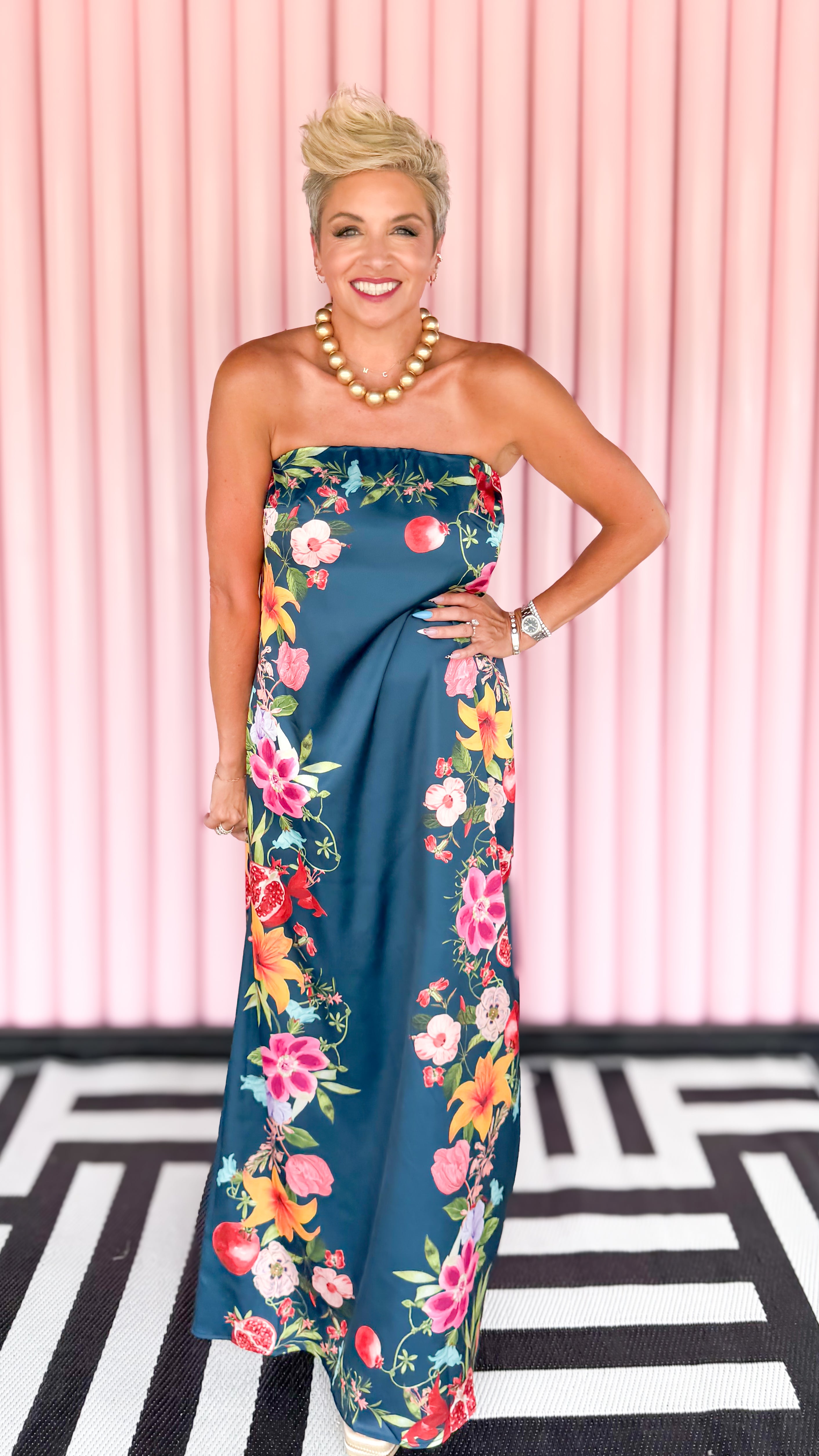 Floral Strapless Maxi Dress/Navy
