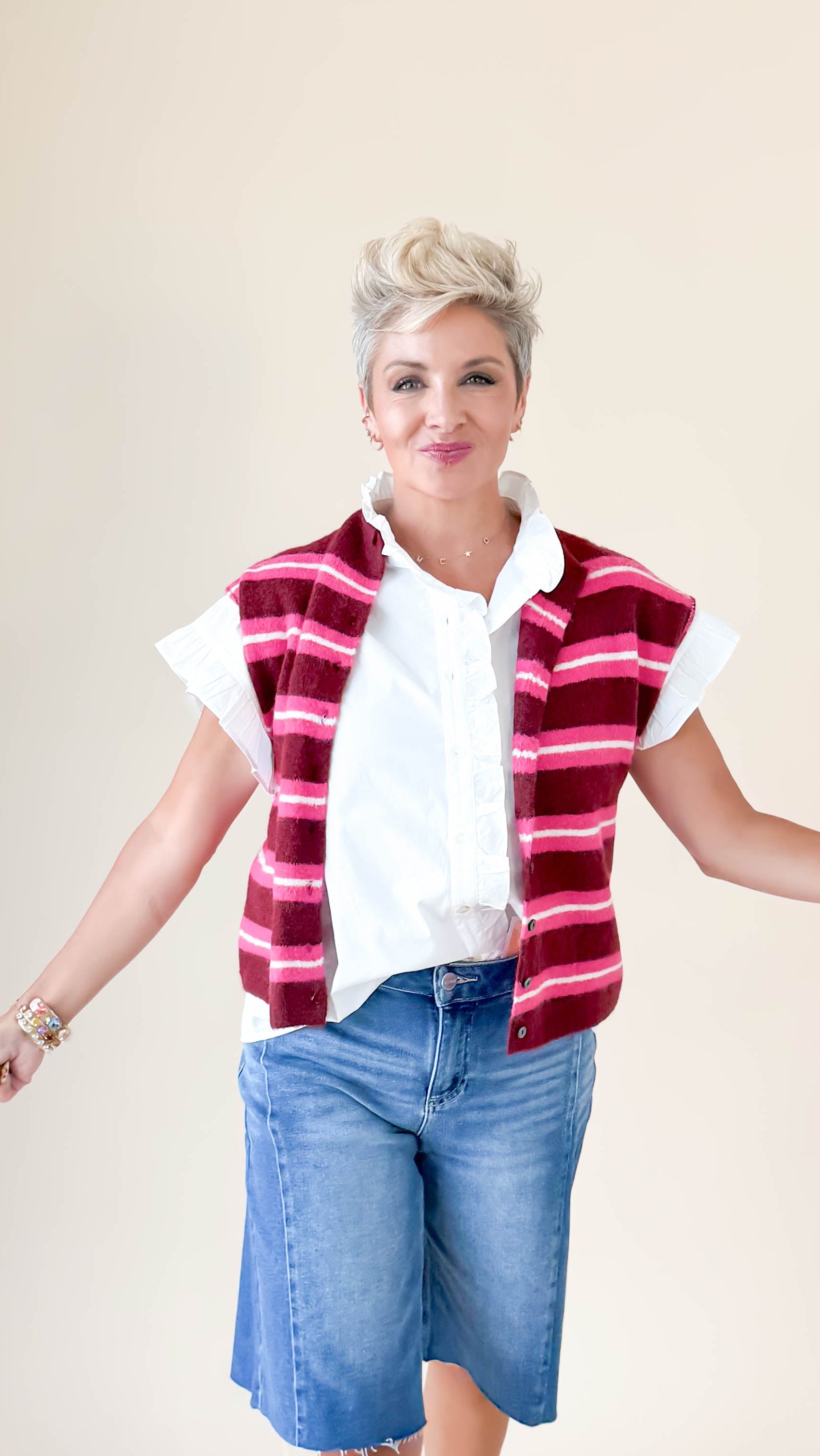 Sarah Striped Sleeveless Cardigan/Merlot