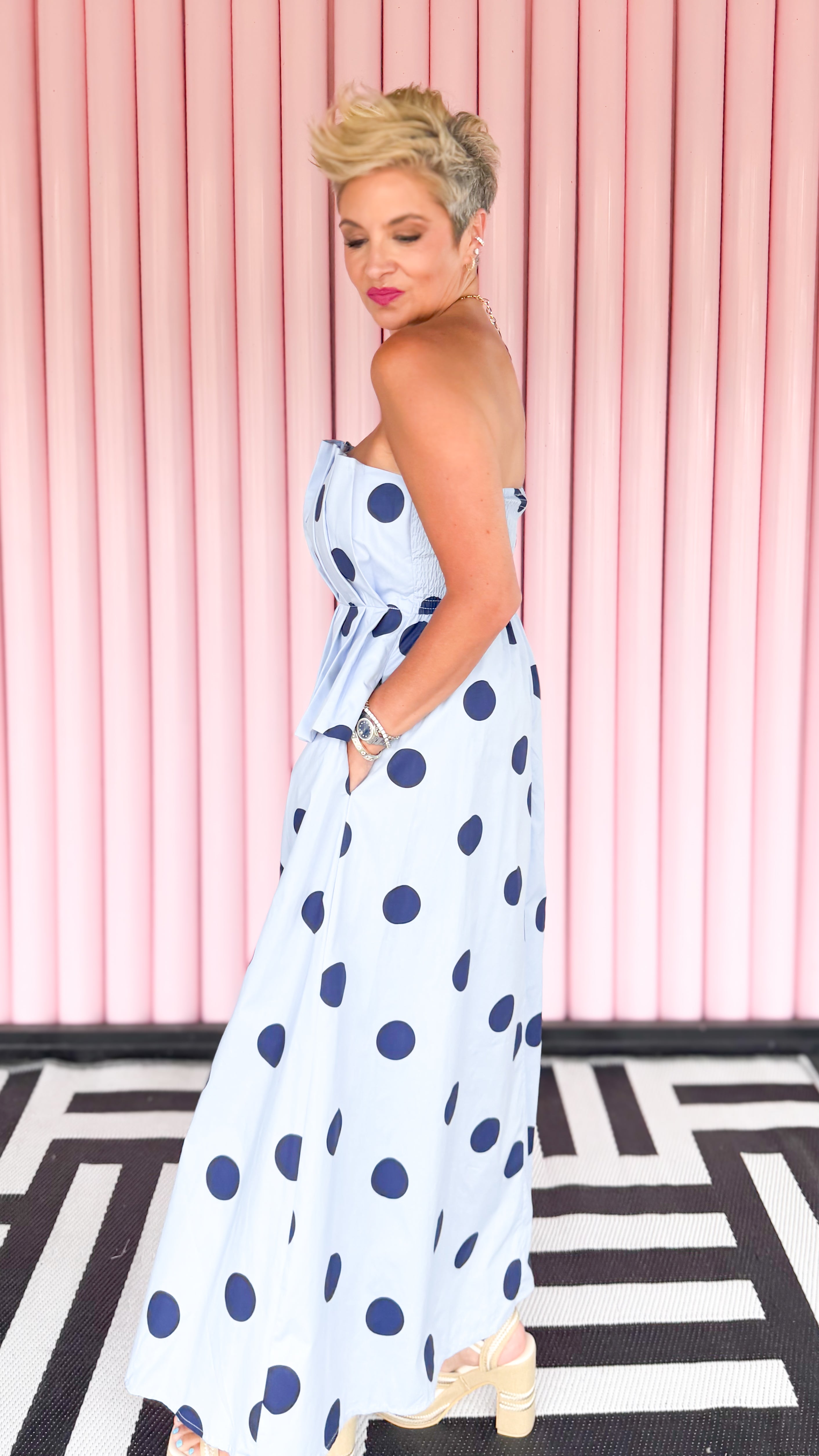 Paula Polka Dot Strapless Dress/Blue