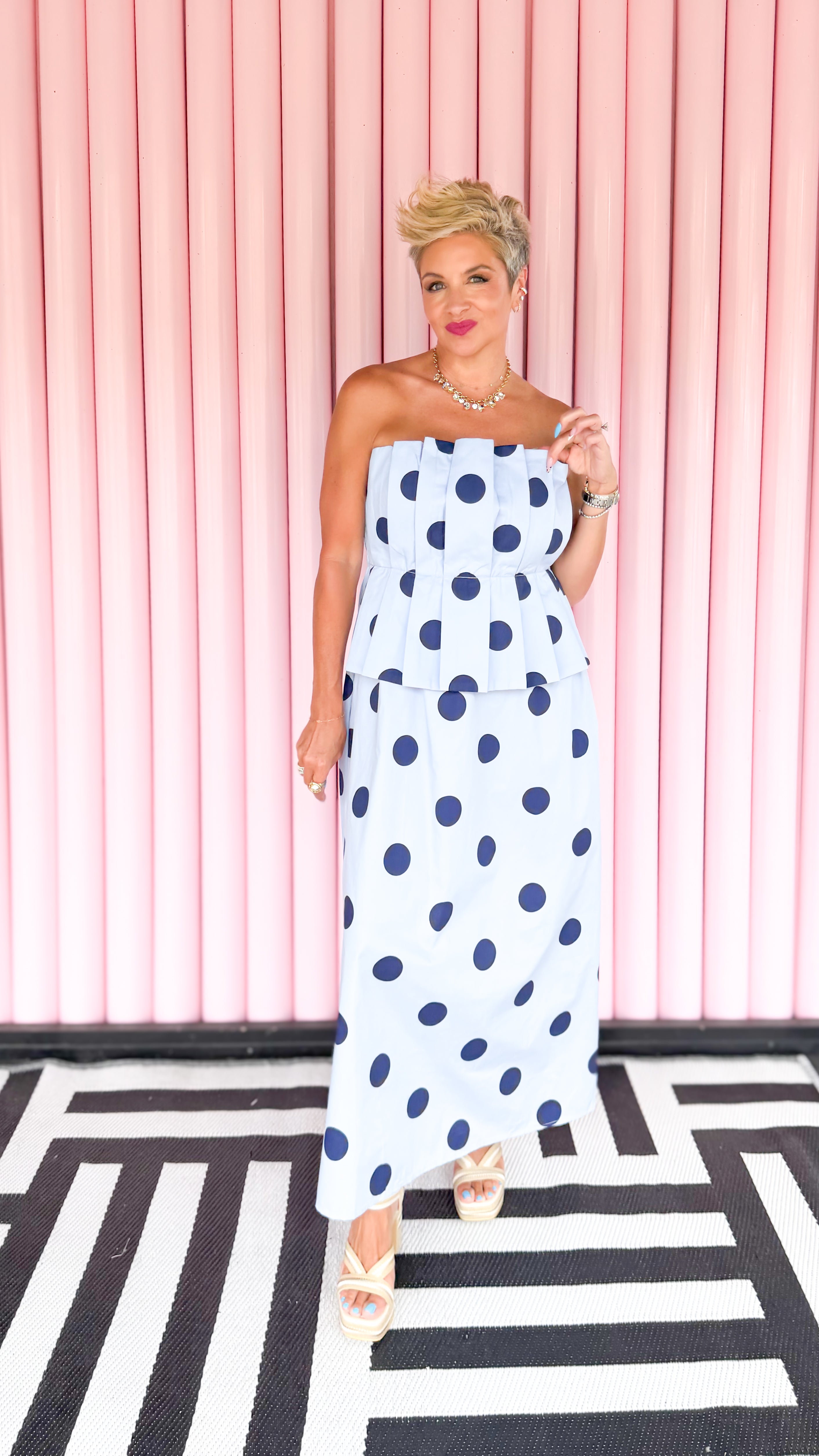 Paula Polka Dot Strapless Dress/Blue