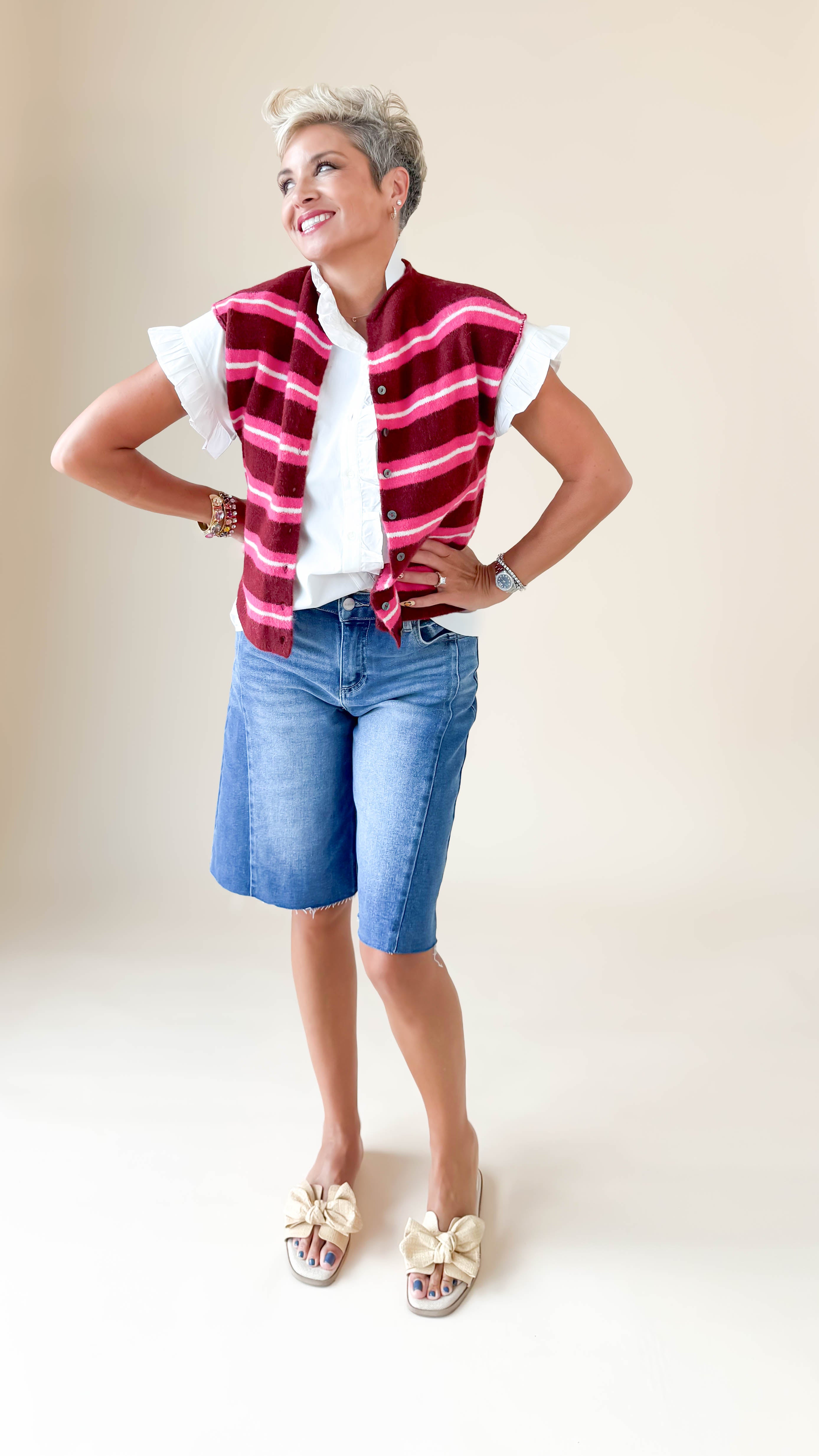 Sarah Striped Sleeveless Cardigan/Merlot