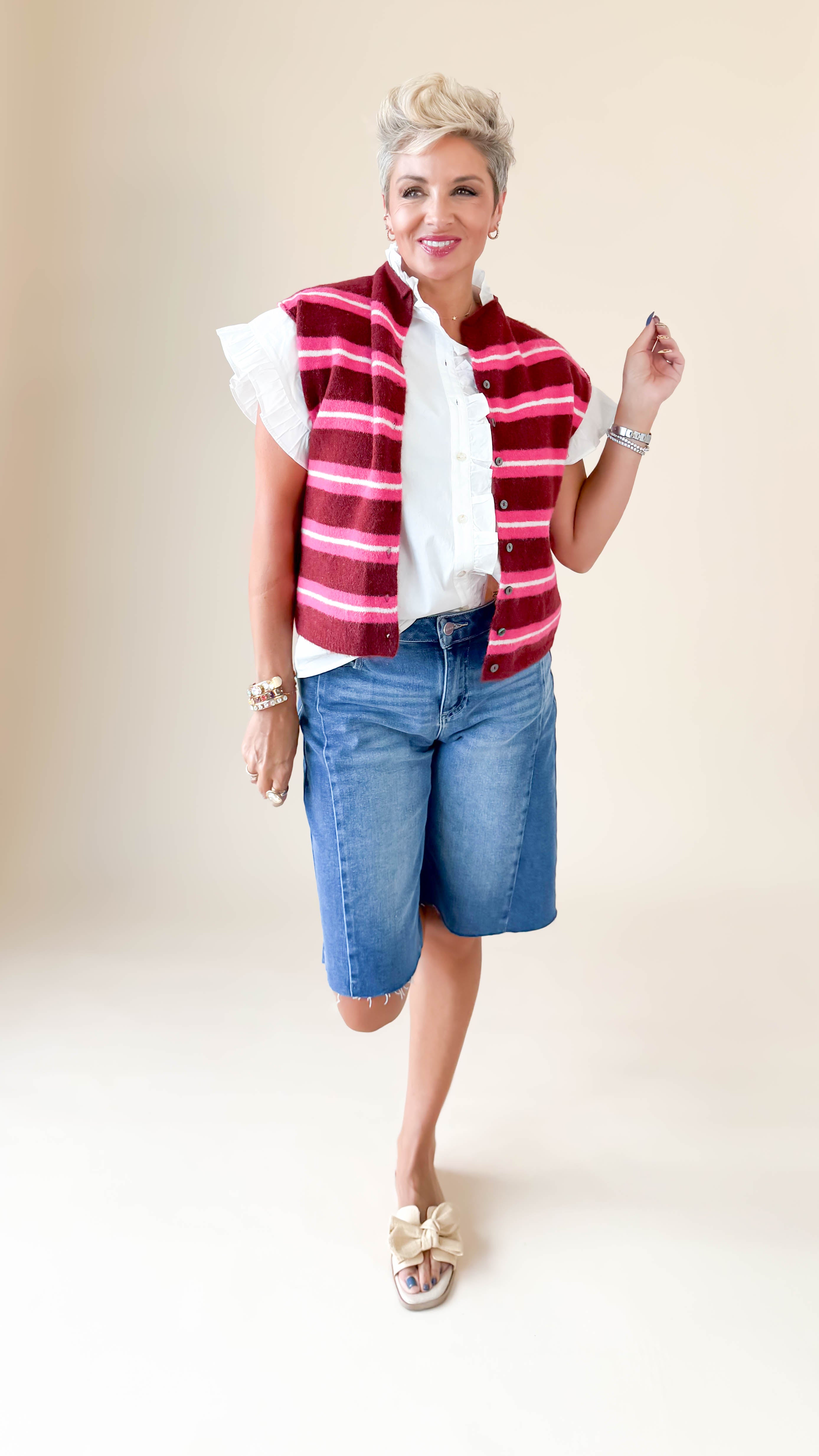 Sarah Striped Sleeveless Cardigan/Merlot