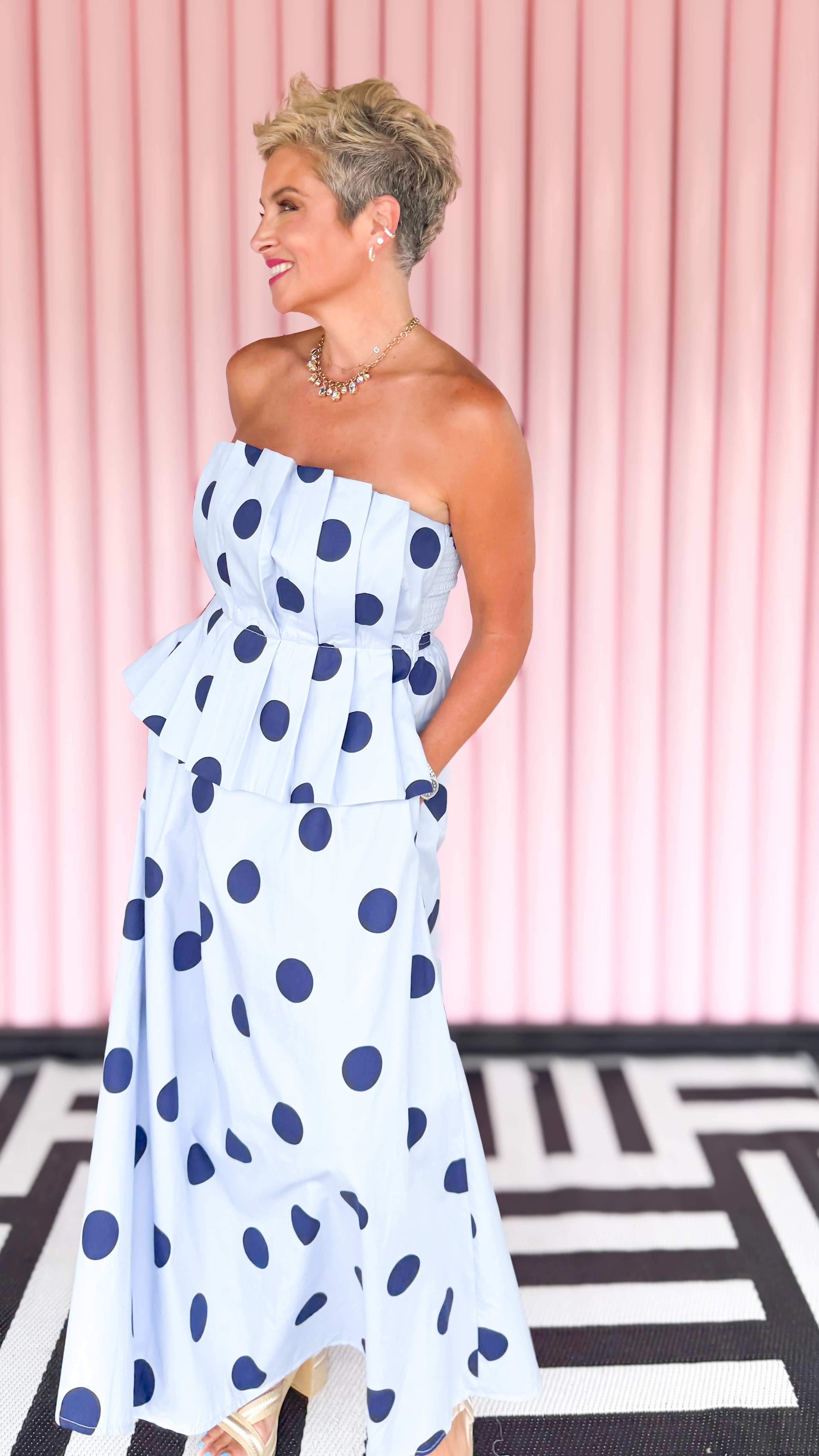 Paula Polka Dot Strapless Dress/Blue