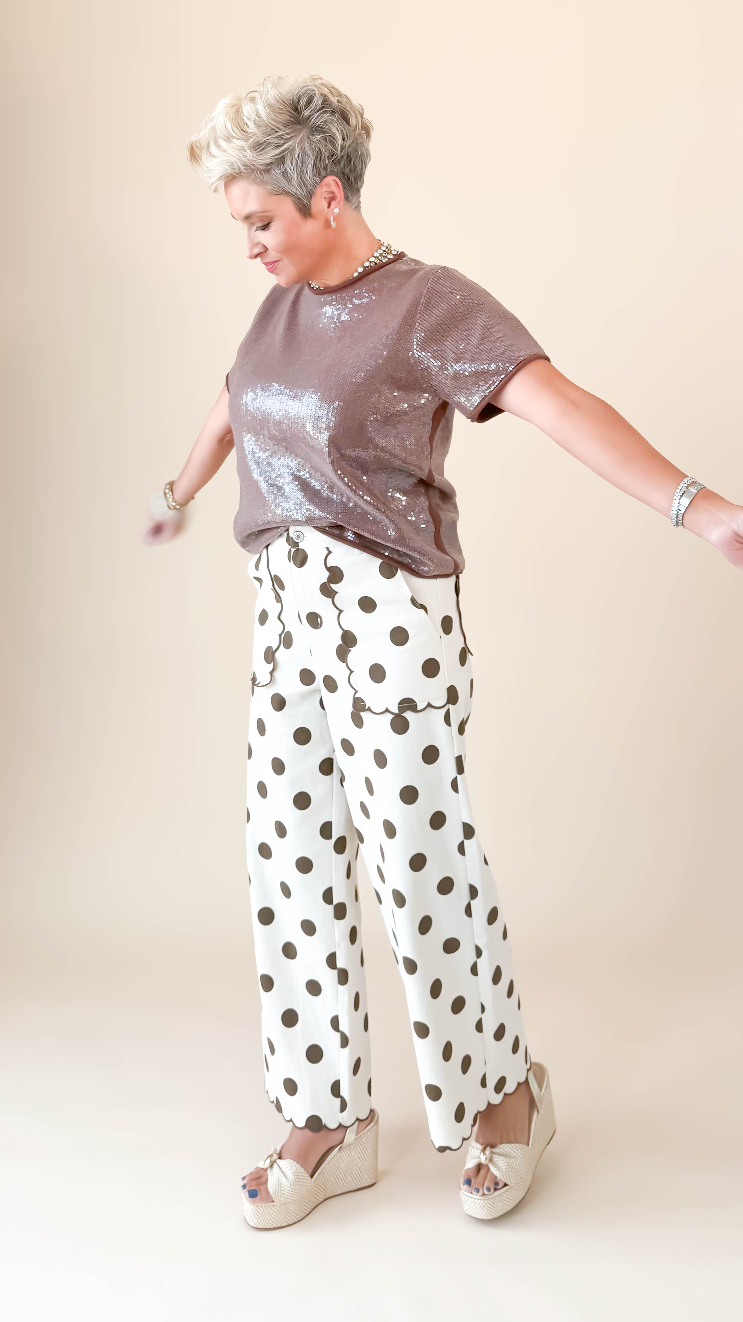 Polka Dot Scallop Pants/Brown