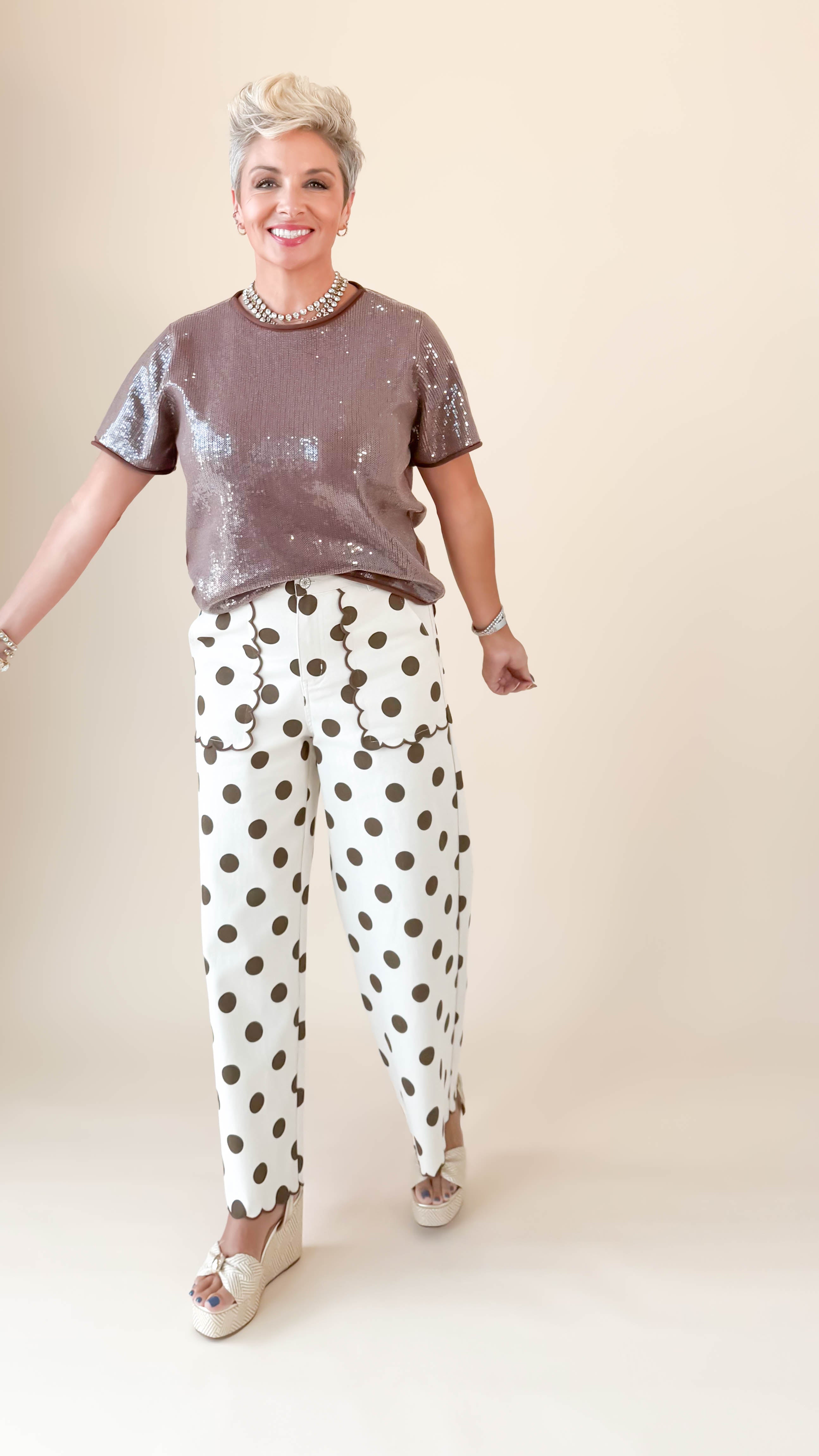 Polka Dot Scallop Pants/Brown