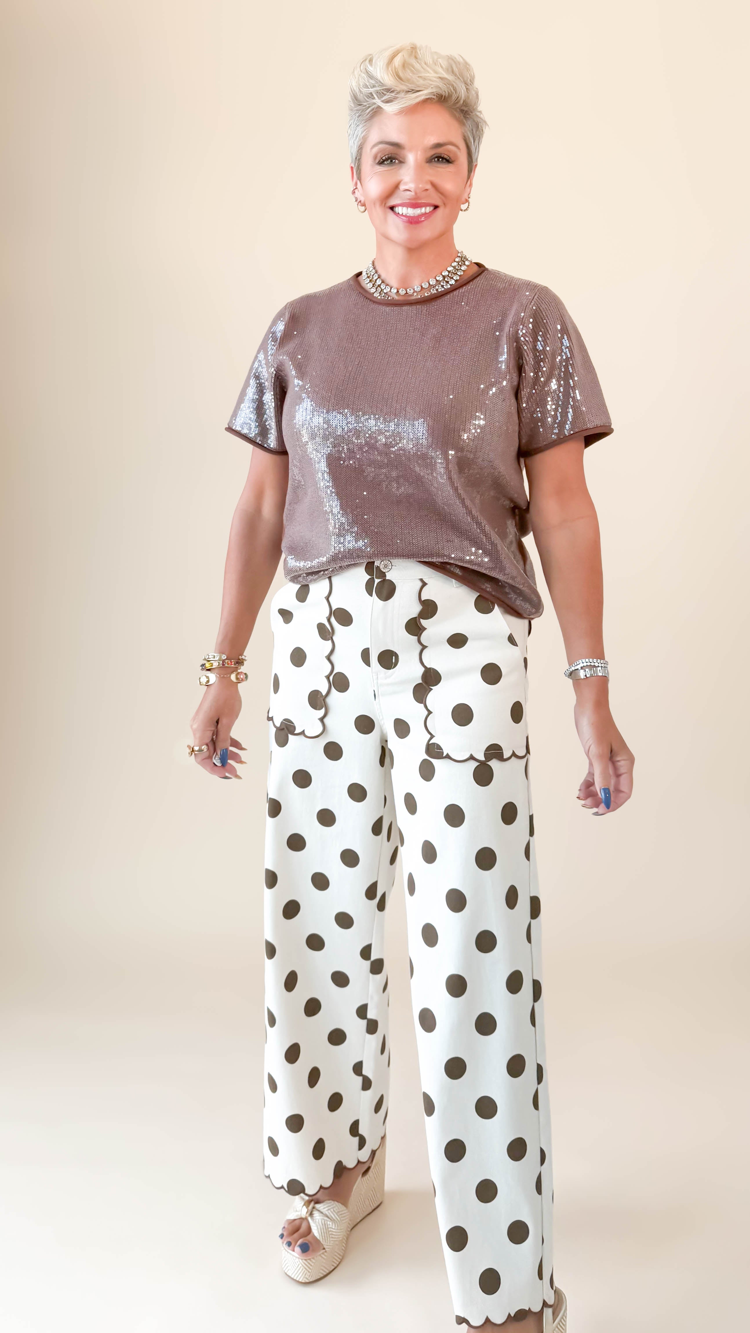 Sequined Crewneck Top/Brown