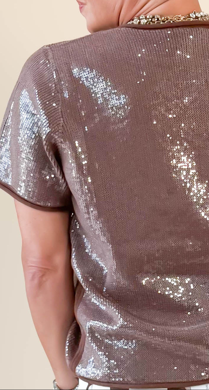 Sequined Crewneck Top/Brown