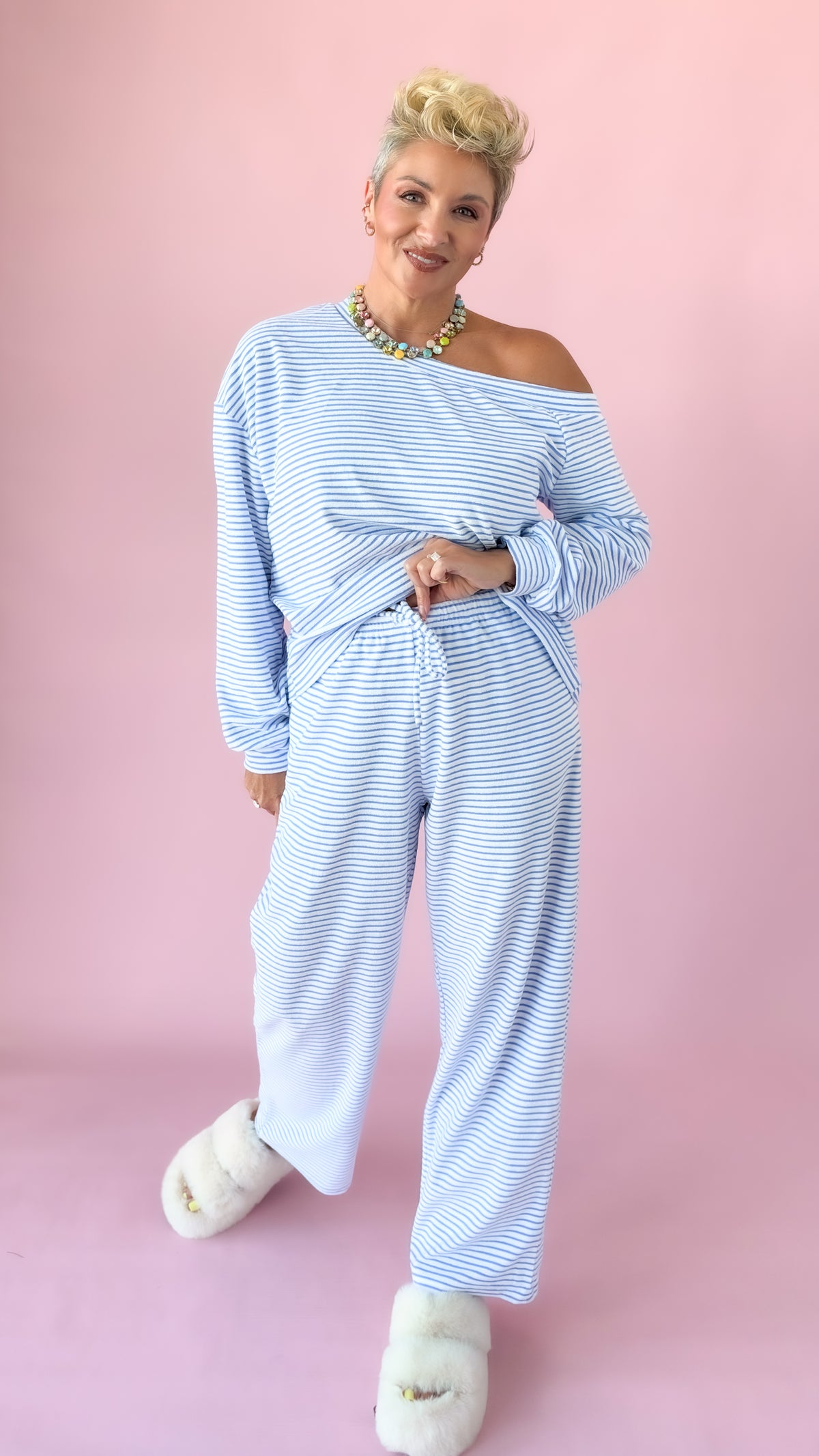 Off White/Sky Striped Two-Piece Set
