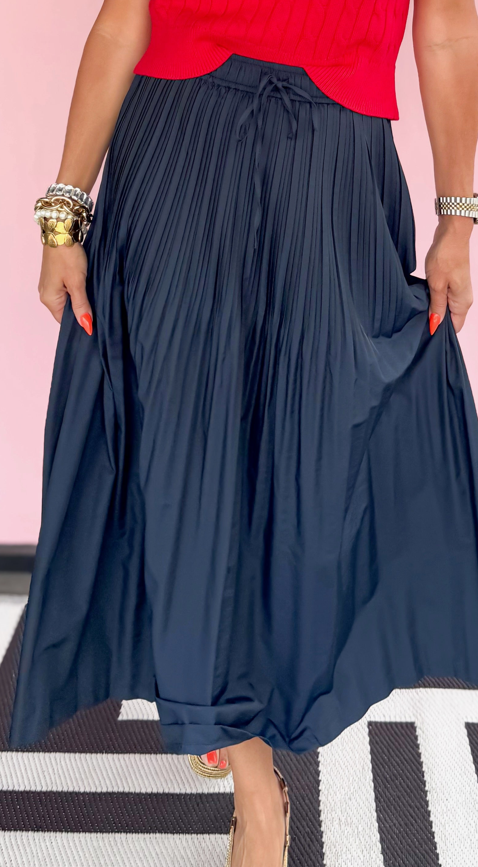 Pleated Midi Skirt/Navy