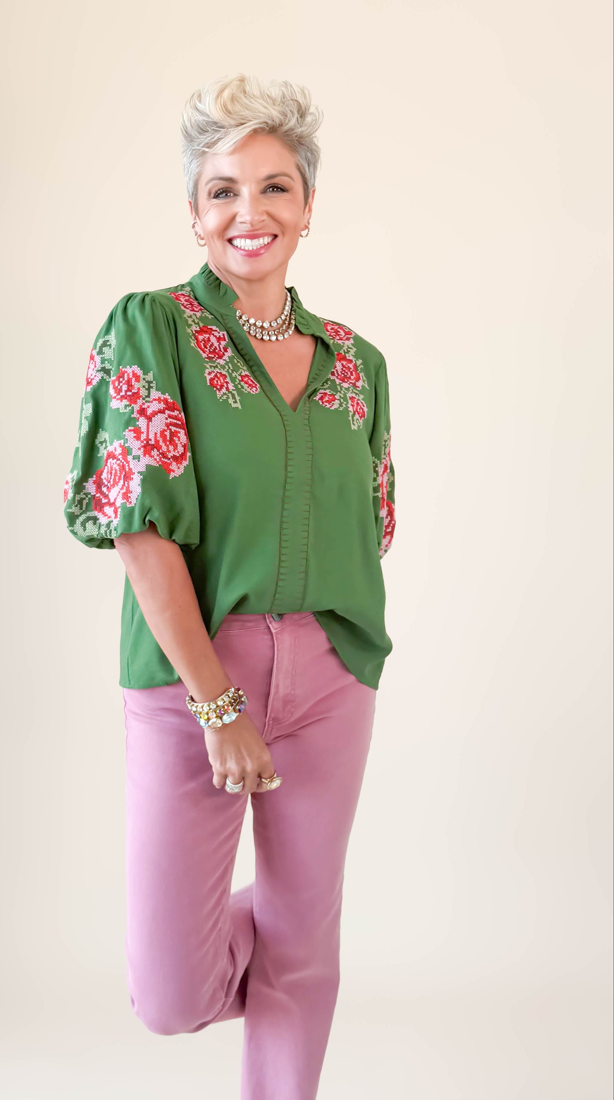 Rose Embroidered Blouse/Green