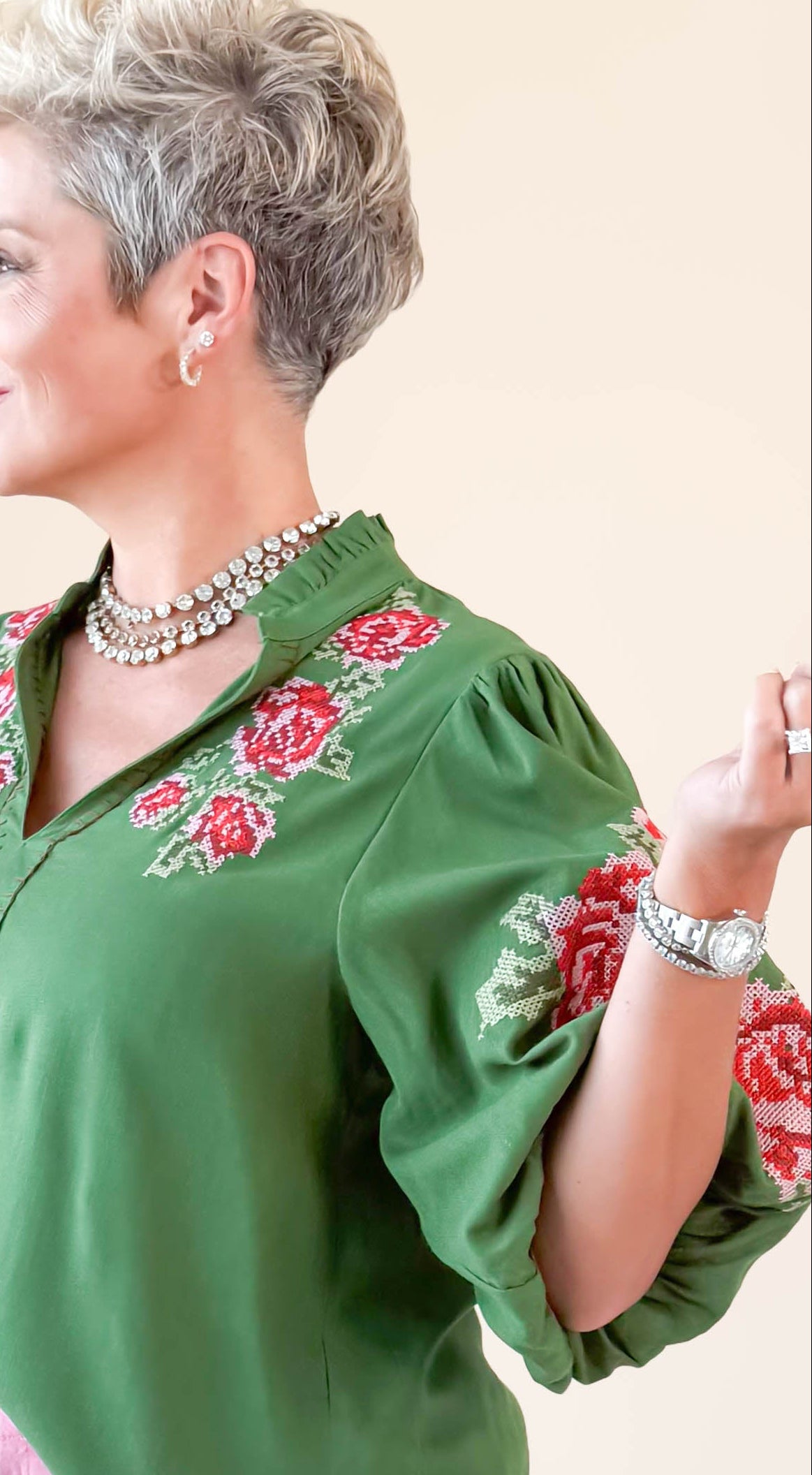 Rose Embroidered Blouse/Green