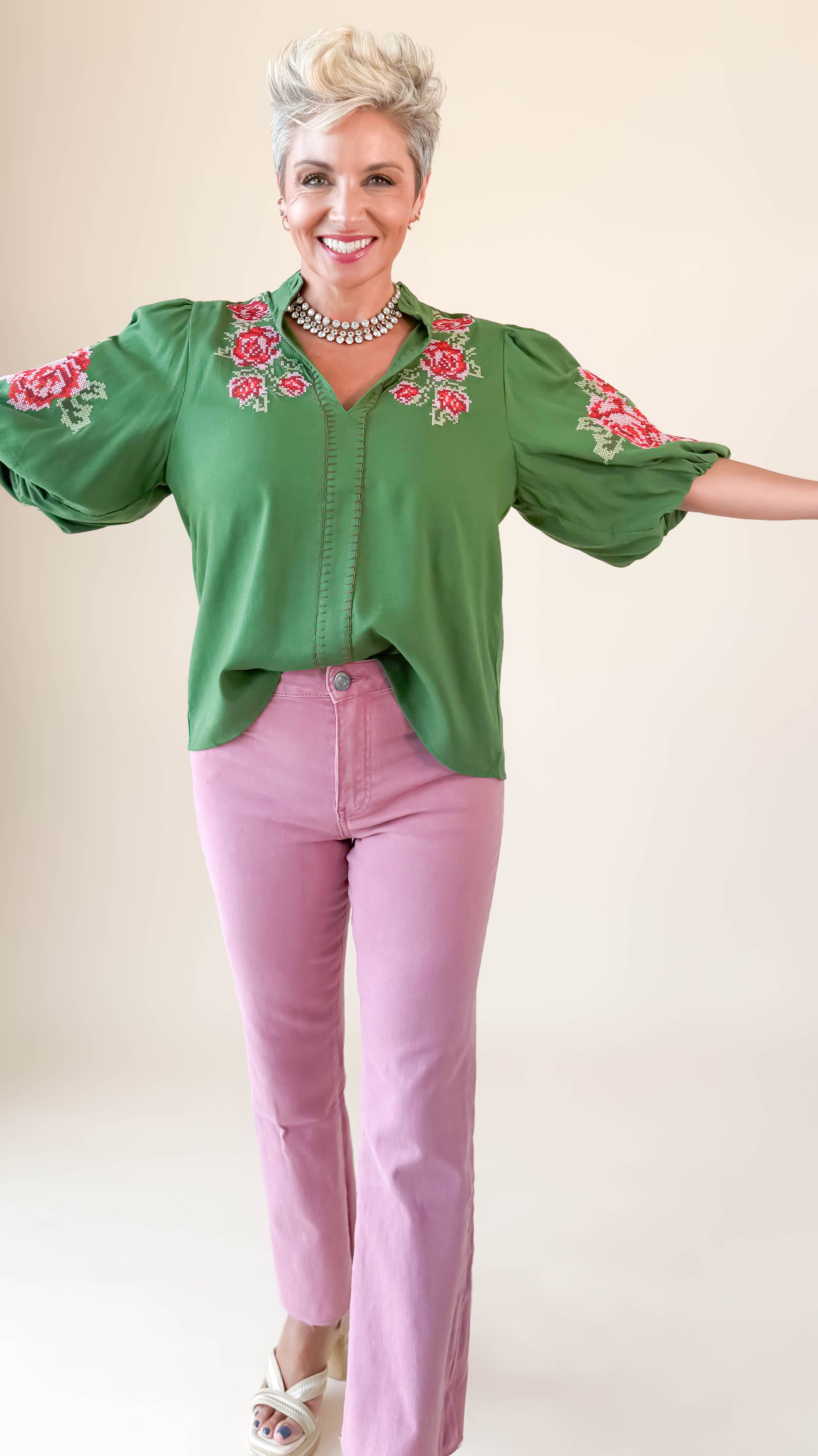 Rose Embroidered Blouse/Green