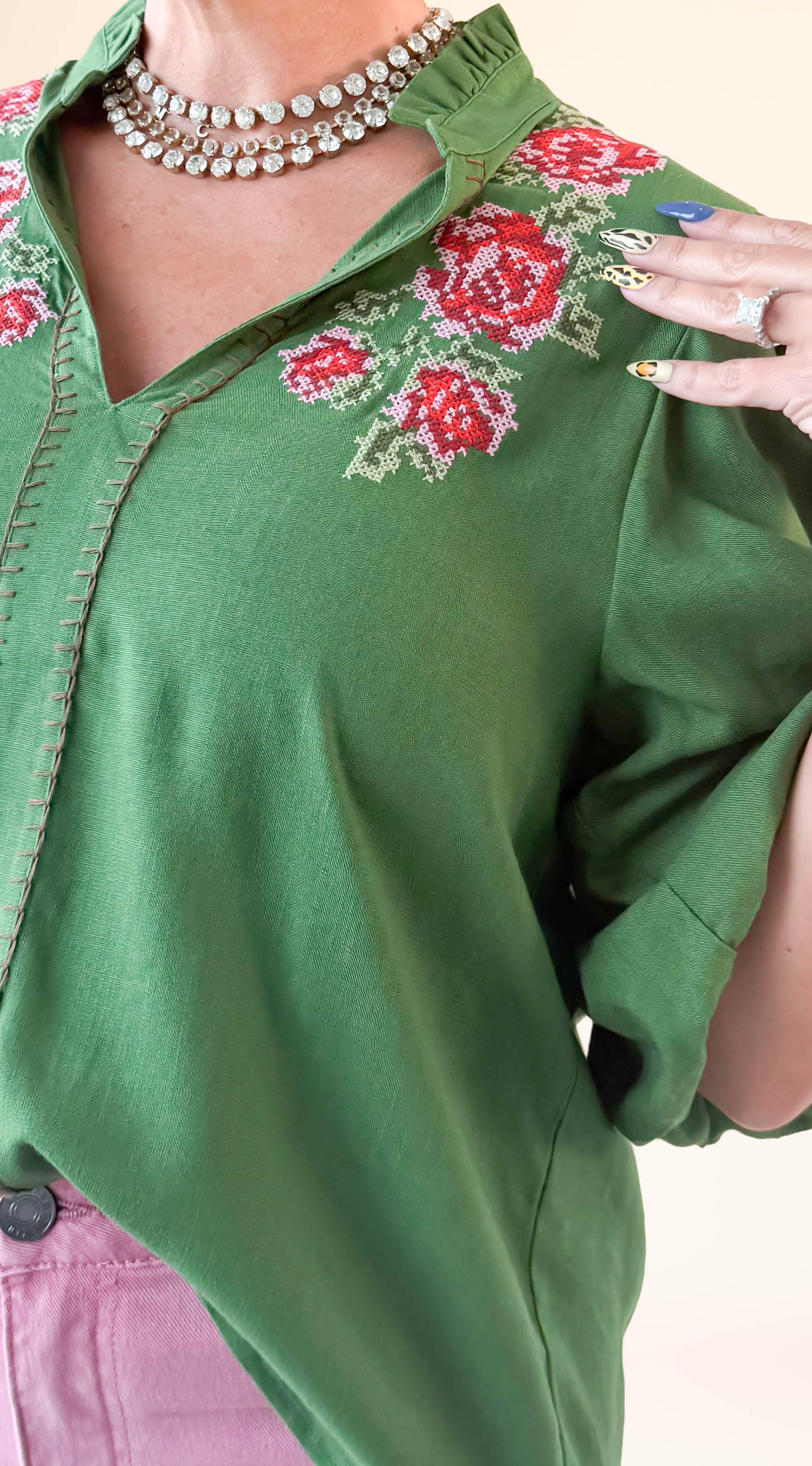Rose Embroidered Blouse/Green