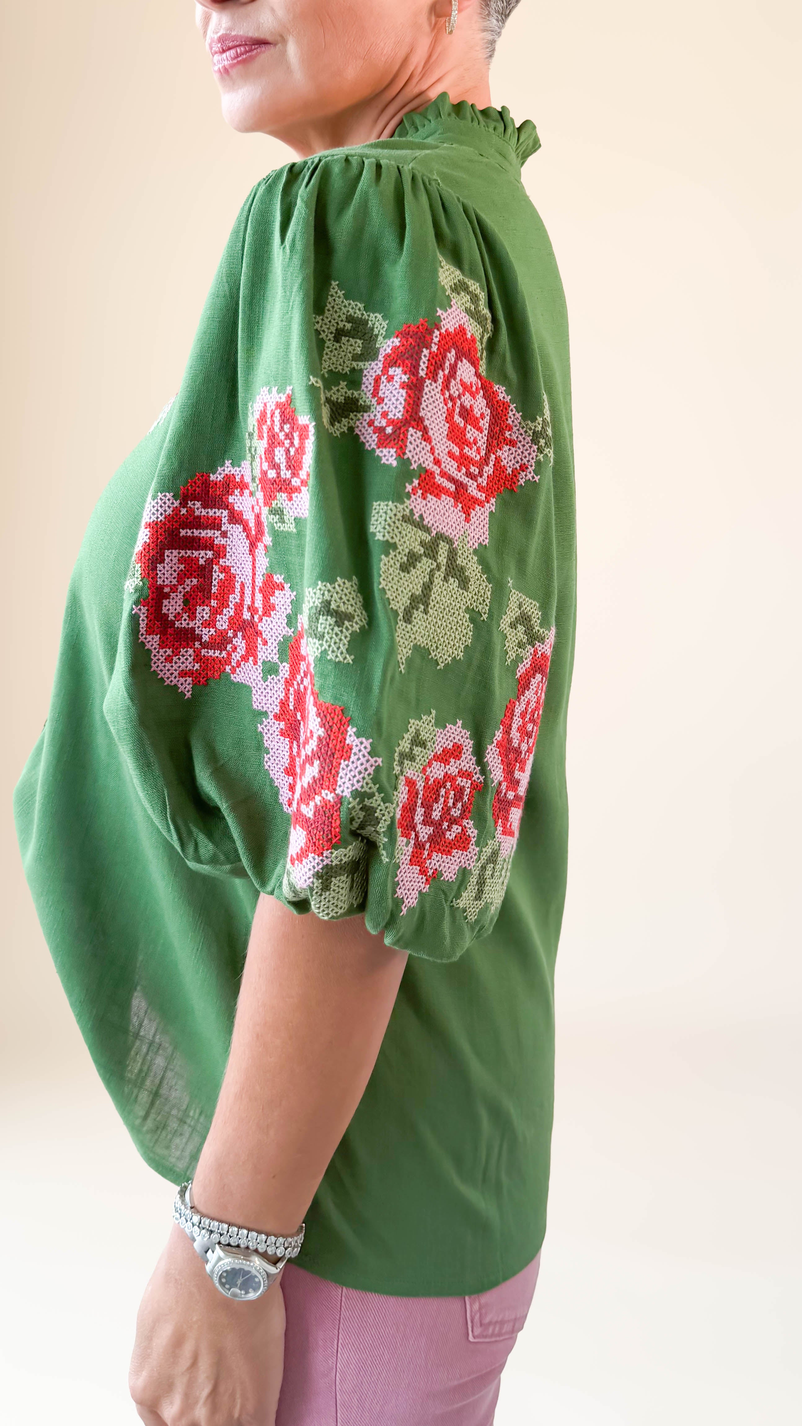 Rose Embroidered Blouse/Green