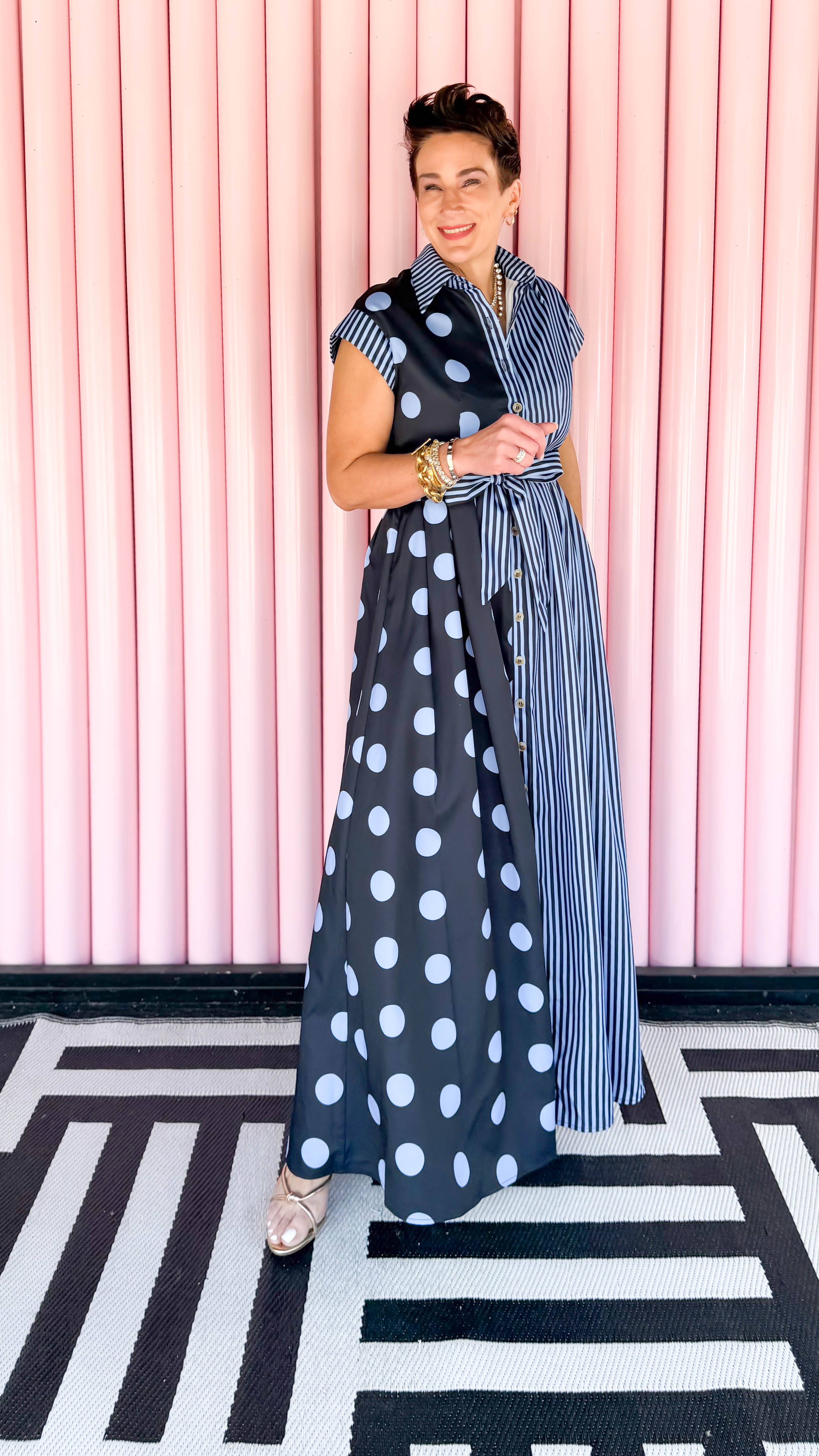 Dot Stripe Shirt Dress/Navy