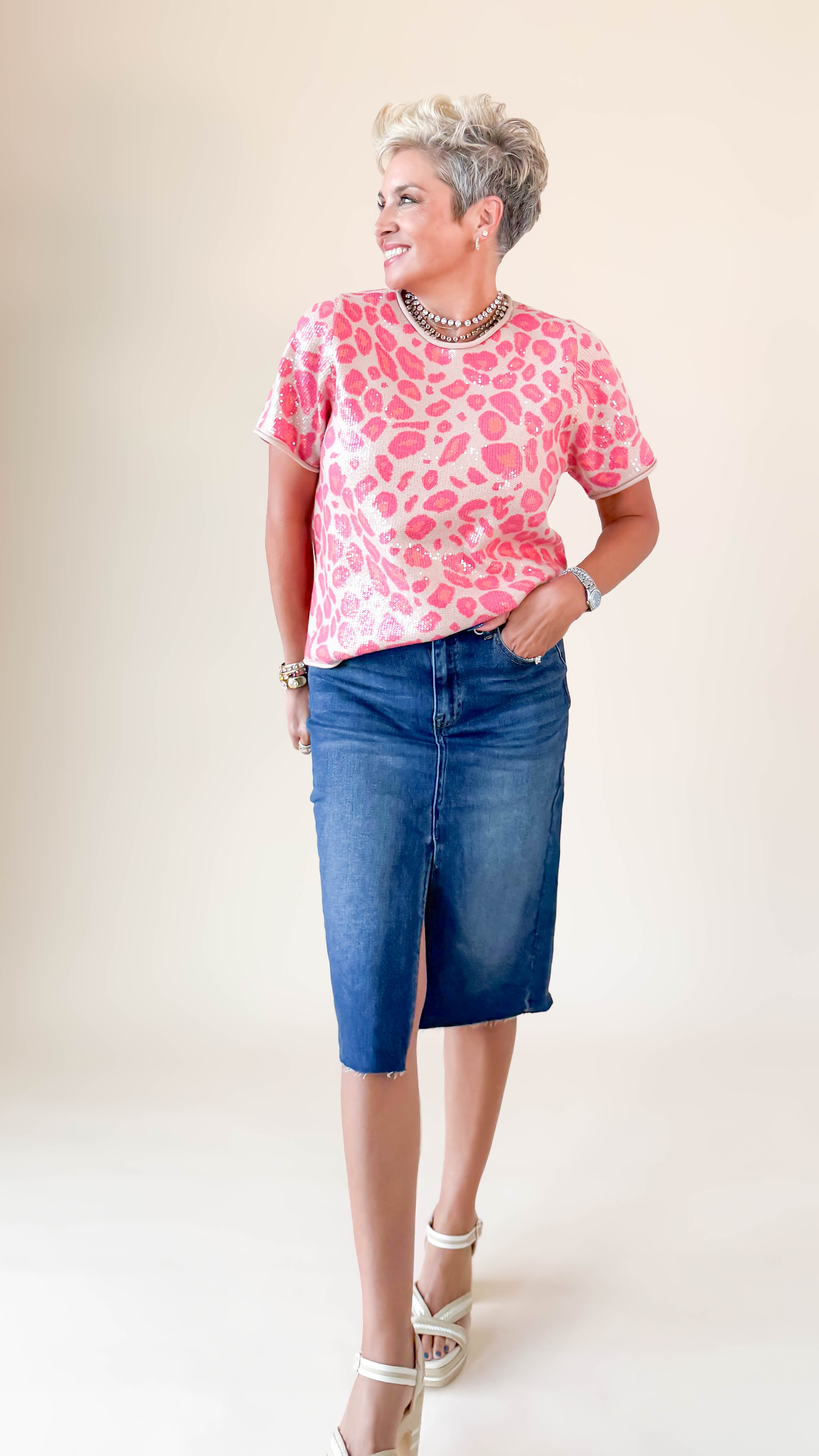 Sequined Crewneck Top/Leopard