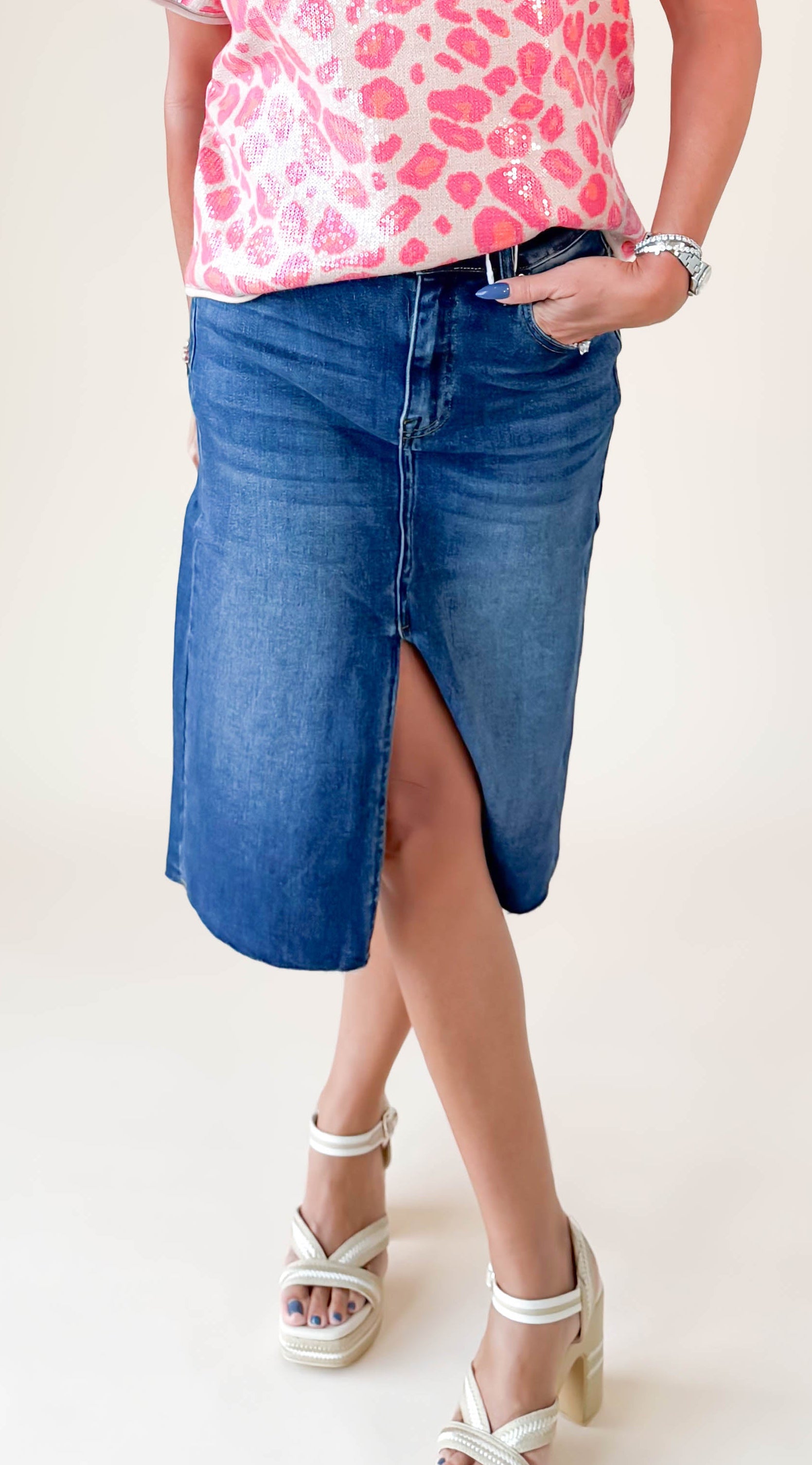 High Rise Denim Midi Skirt
