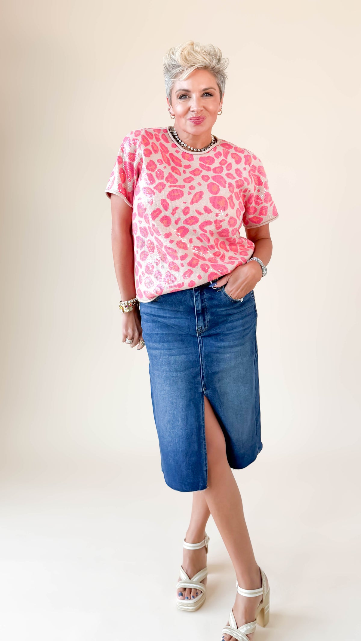 Sequined Crewneck Top/Leopard