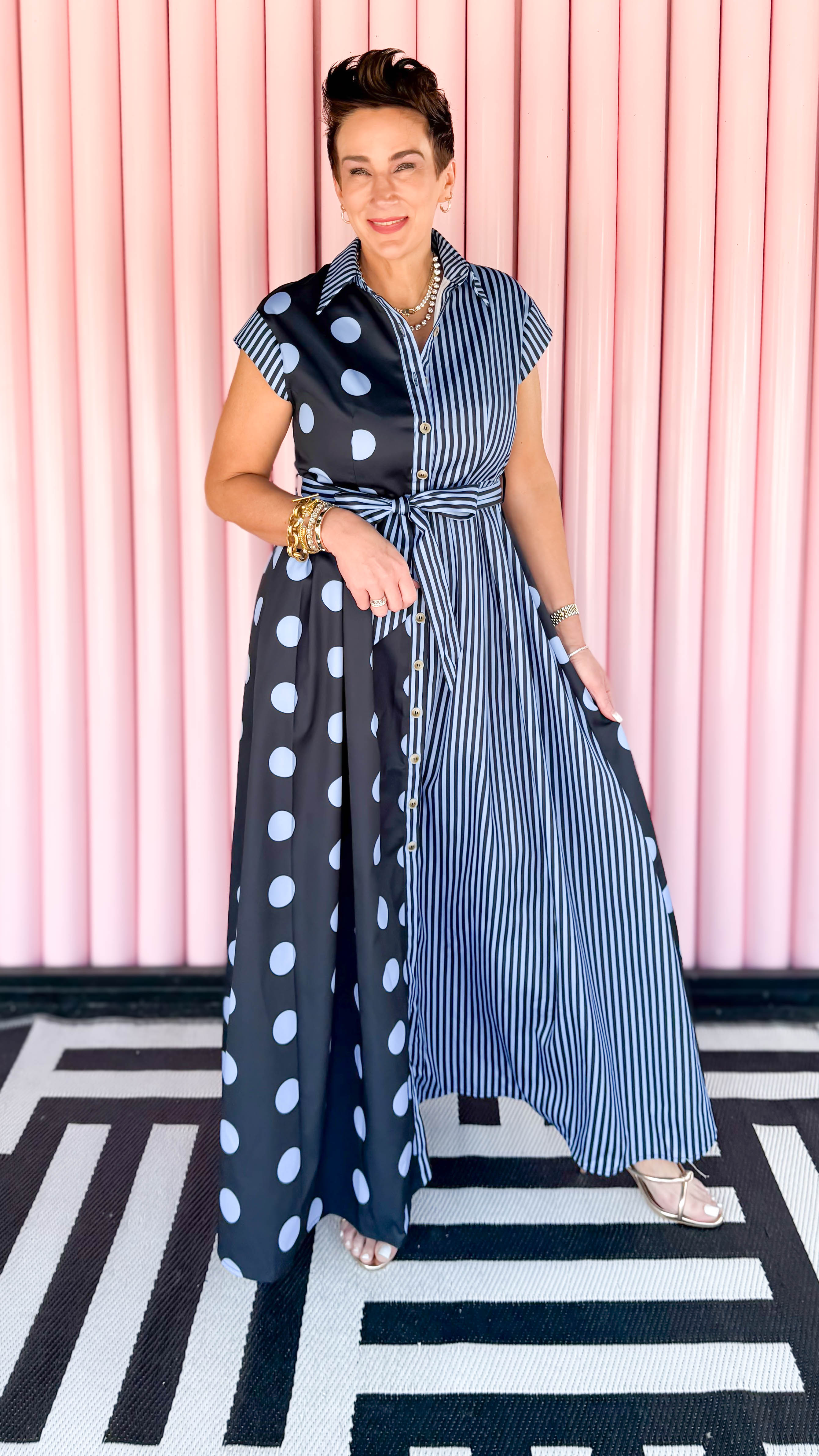 Dot Stripe Shirt Dress/Navy