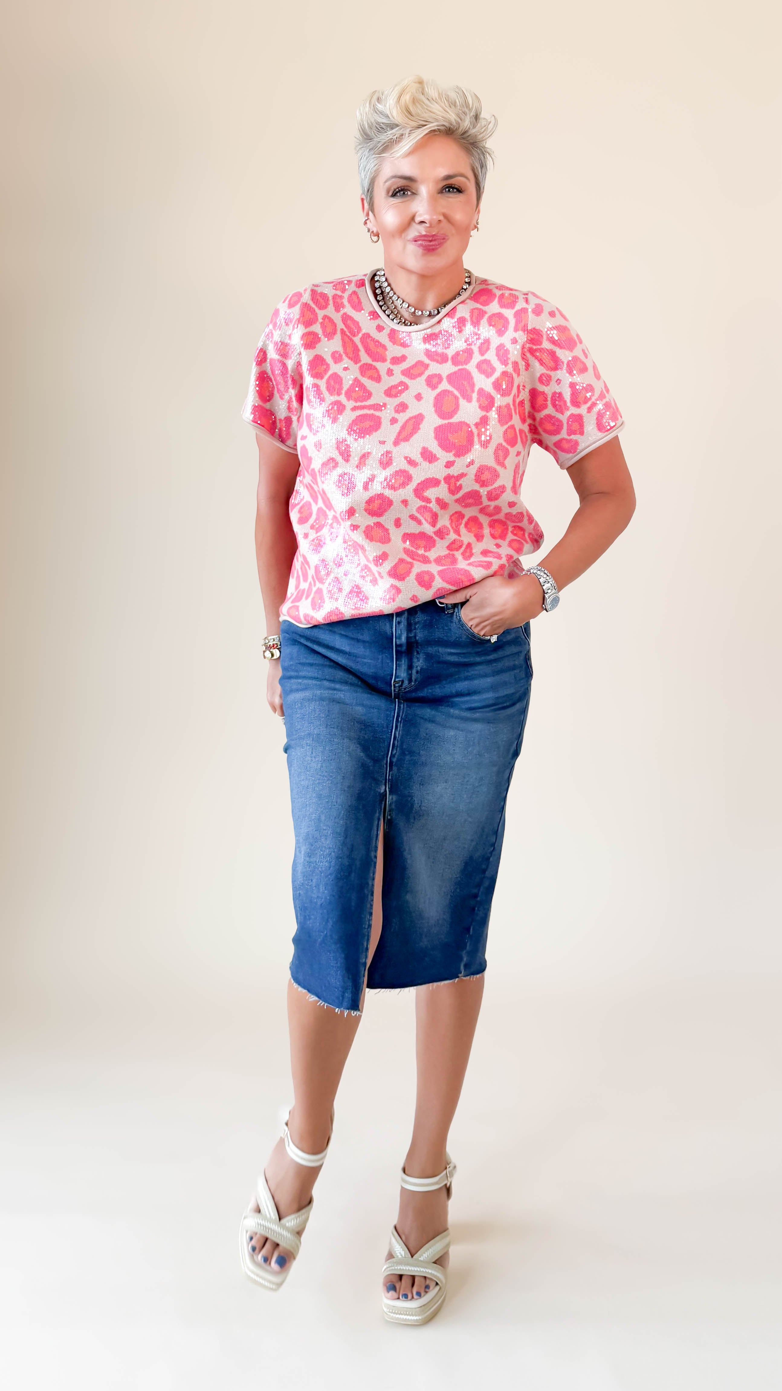 High Rise Denim Midi Skirt