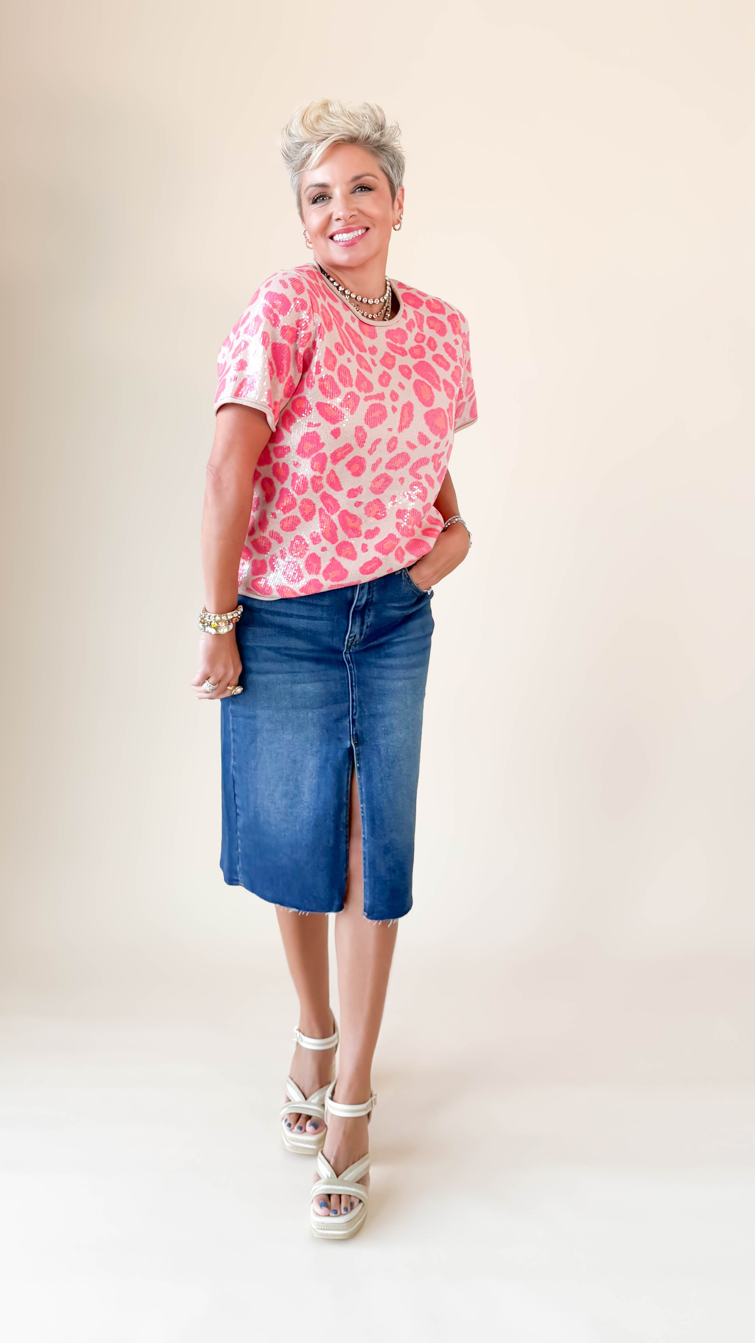 High Rise Denim Midi Skirt