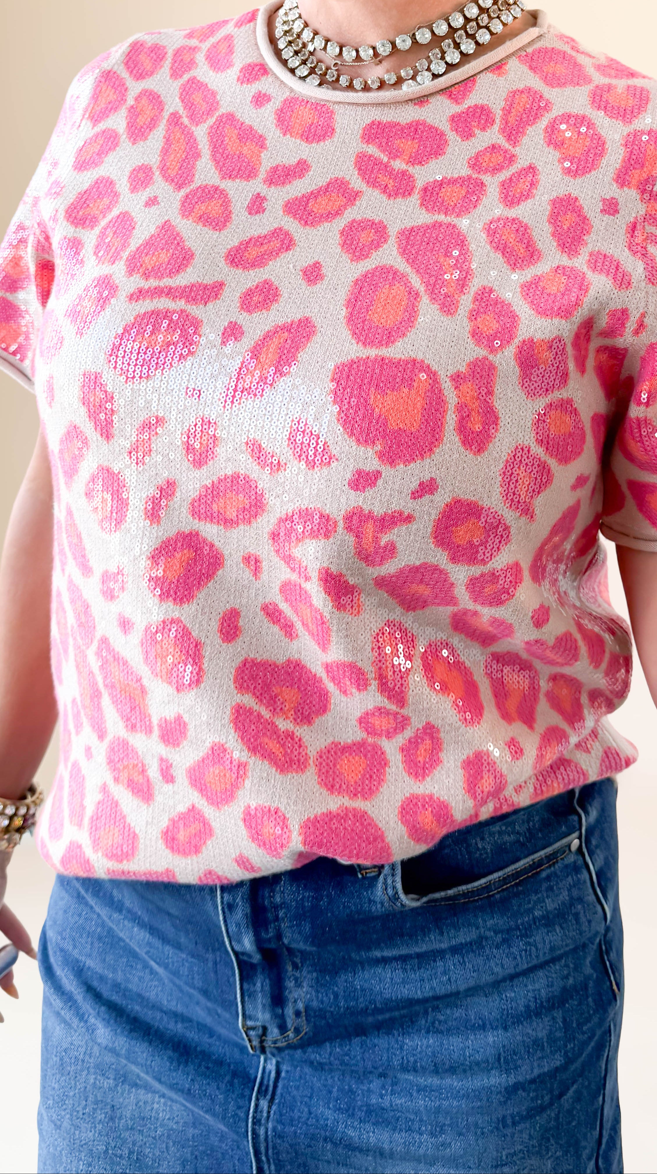 Sequined Crewneck Top/Leopard